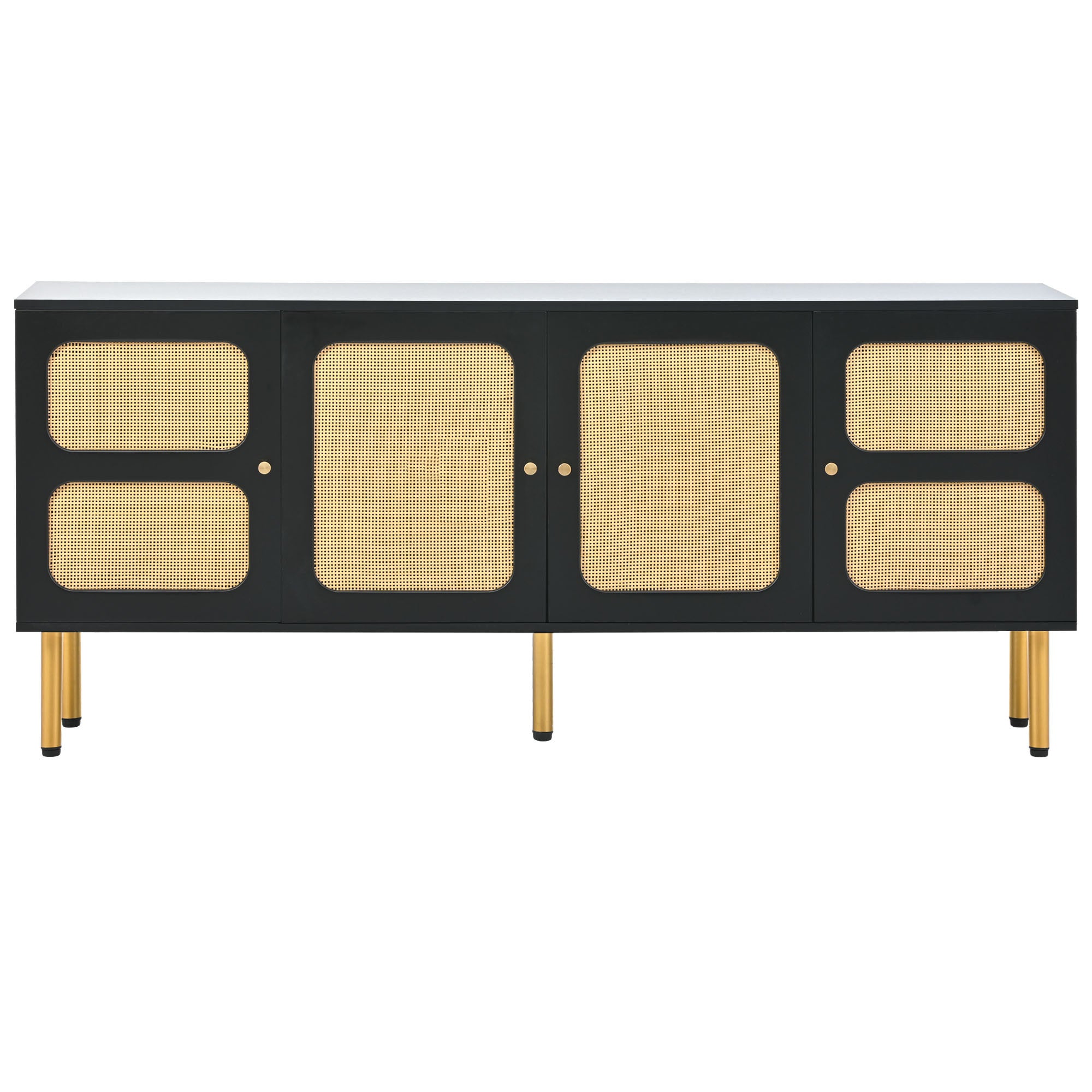 ON-TREND Boho style TV Stand with Rattan Door, Woven Media Console Table for TVs Up to 70'', Country Style Design Side Board with Gold Metal Base for Living Room, Black.