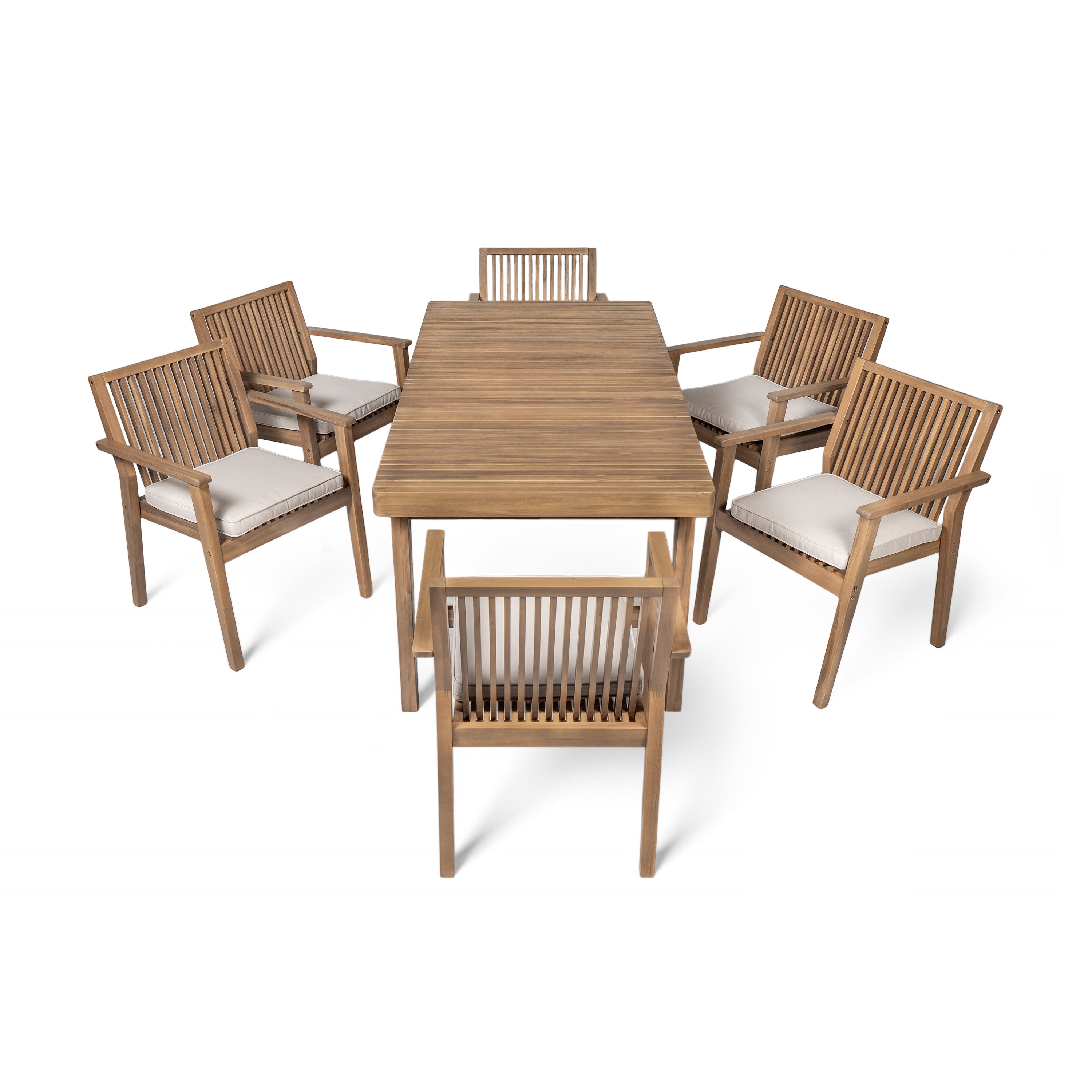 Durable 7 - Piece Patio Furniture Set Acacia Wood Table and 6 Heavy-Duty Cushioned Chairs, Brown