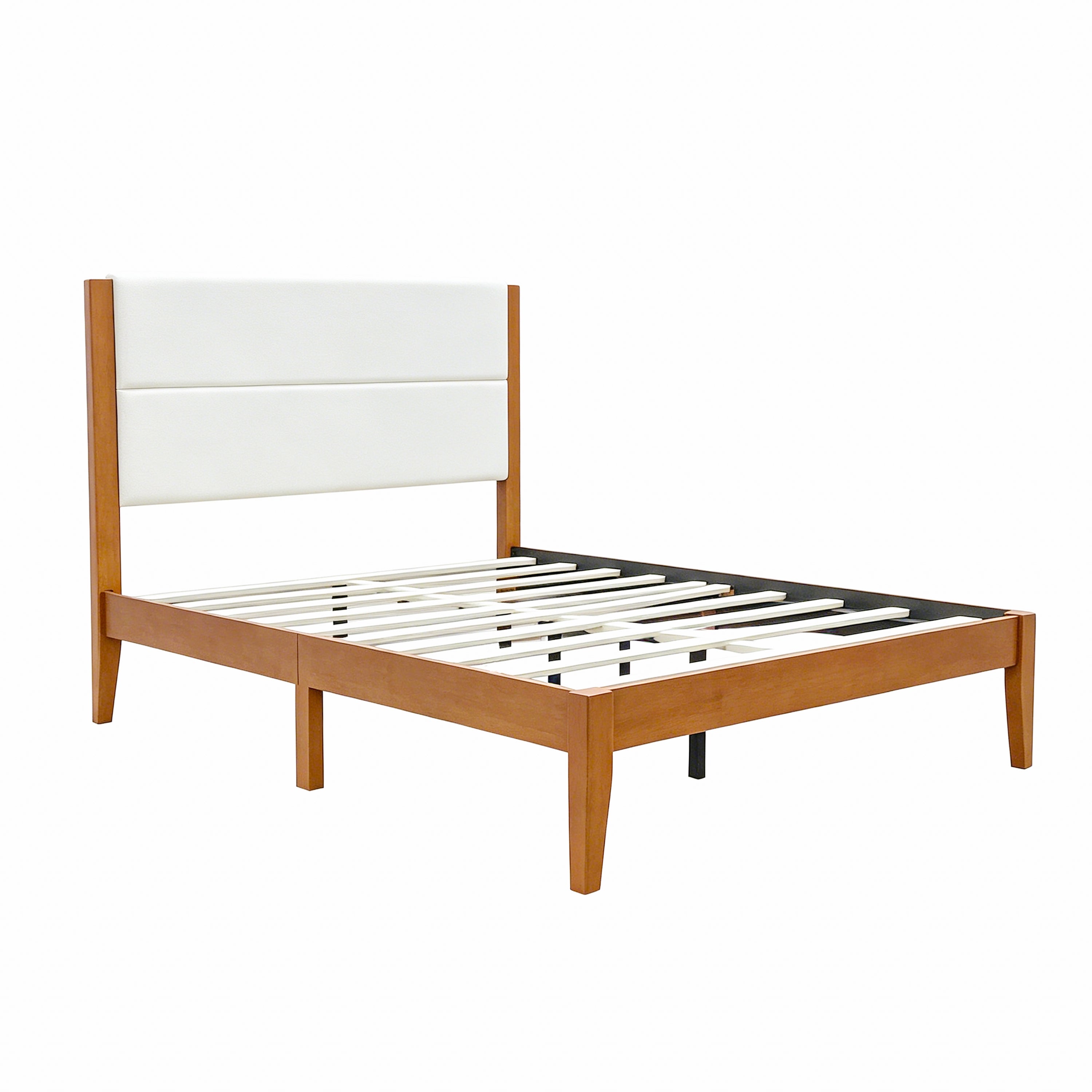 Mid-Century Modern Platform Bed Frame with Upholstered Headboard, Solid Wood Slat Support, No Box Spring Needed, Easy Assembly, Queen Size, Brown