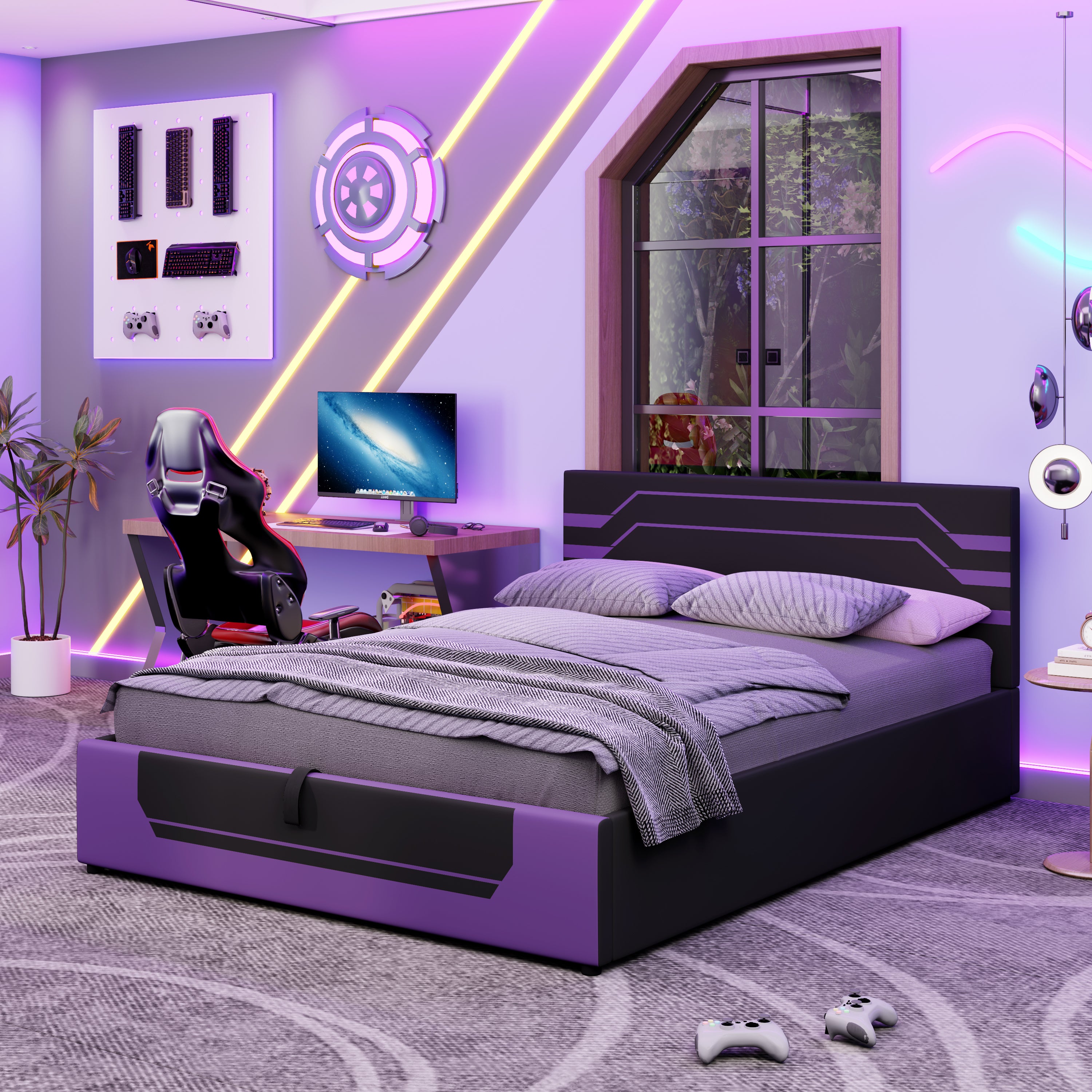 Modern Queen Size Hydraulic Storage Gaming Bed Frame, Esports Design with Cyberpunk Aesthetics, Platform Bed for Gamers & Gen Z Youth, Black+Purple