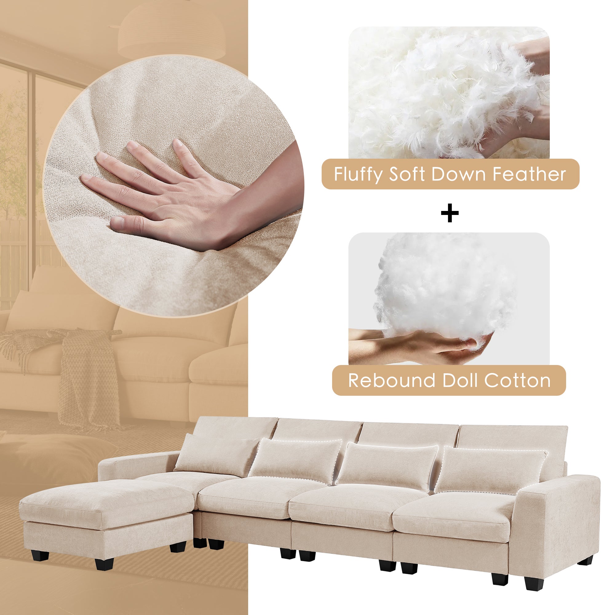 U_Style Modern Large L-Shape Feather Filled Sectional Sofa,  Convertible Sofa Couch with Reversible Chaise for Living Room