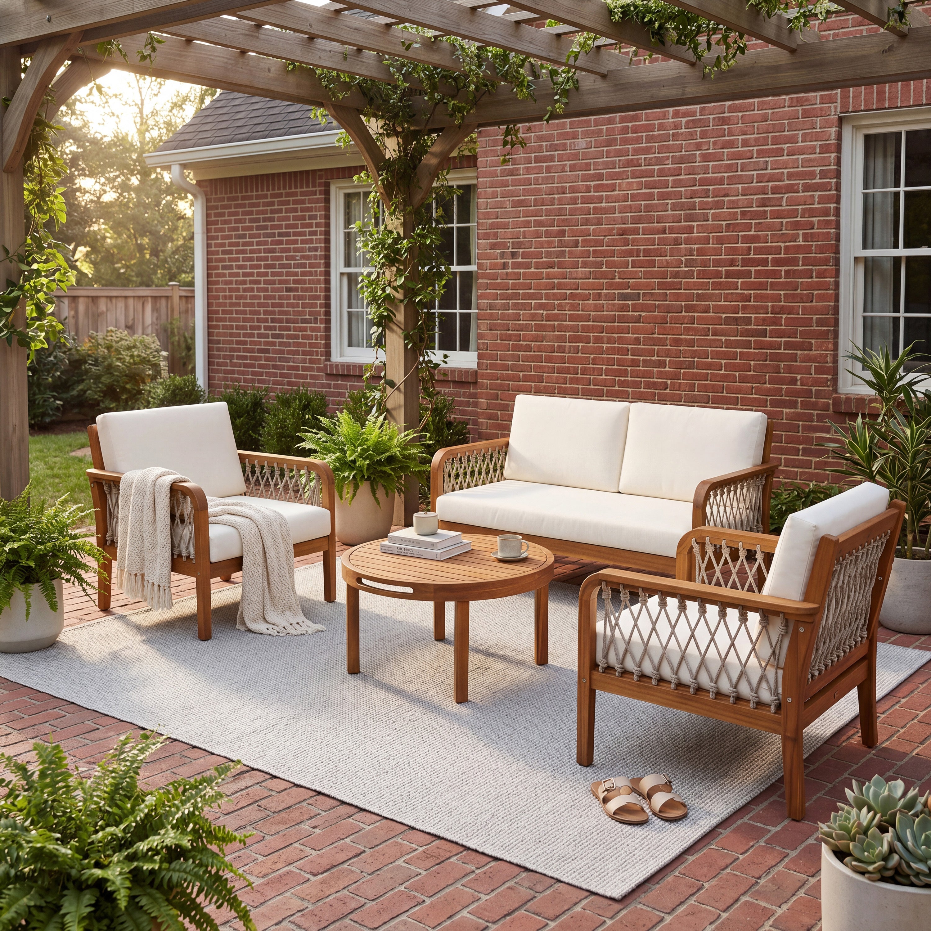 4-Piece Acacia Wood Outdoor Patio Furniture Set, All-Weather Conversation Sofa Set with Rope Woven Armrests, Removable Cushions for Backyard Garden,Teak finish+Oatmeal rope+Cream Beige cushion