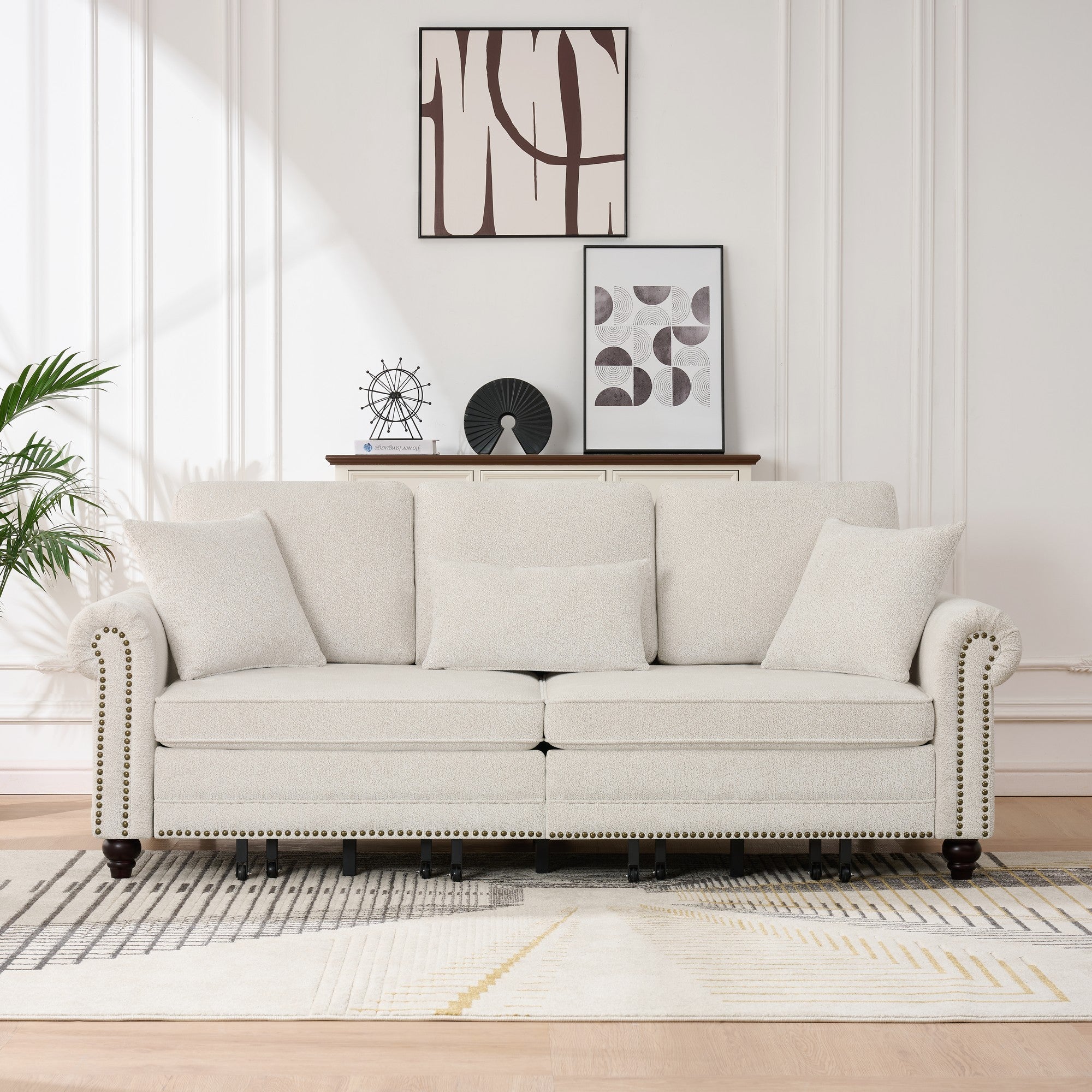 86' King Pull Out Sofa Bed, 3 in 1 Convertible Sleeper Sofa,Modern 3 Seat Couch with Nailhead Trim & Rolled Arm for Living Room, Apartment, Office, Beige Chenille