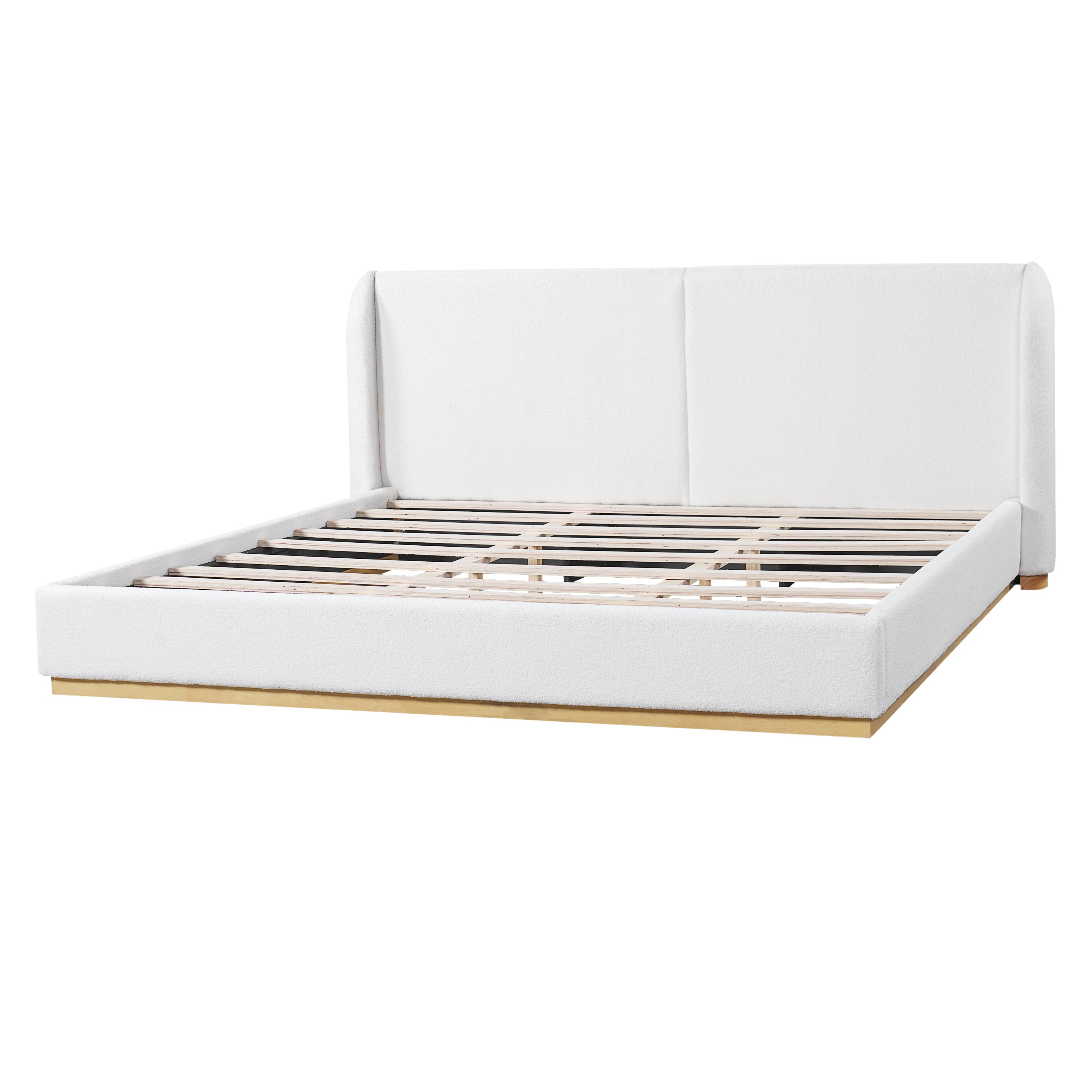 Modern White Bouclé Winged Bed Frame with Enclosed Wood Base,  King Size, Part B