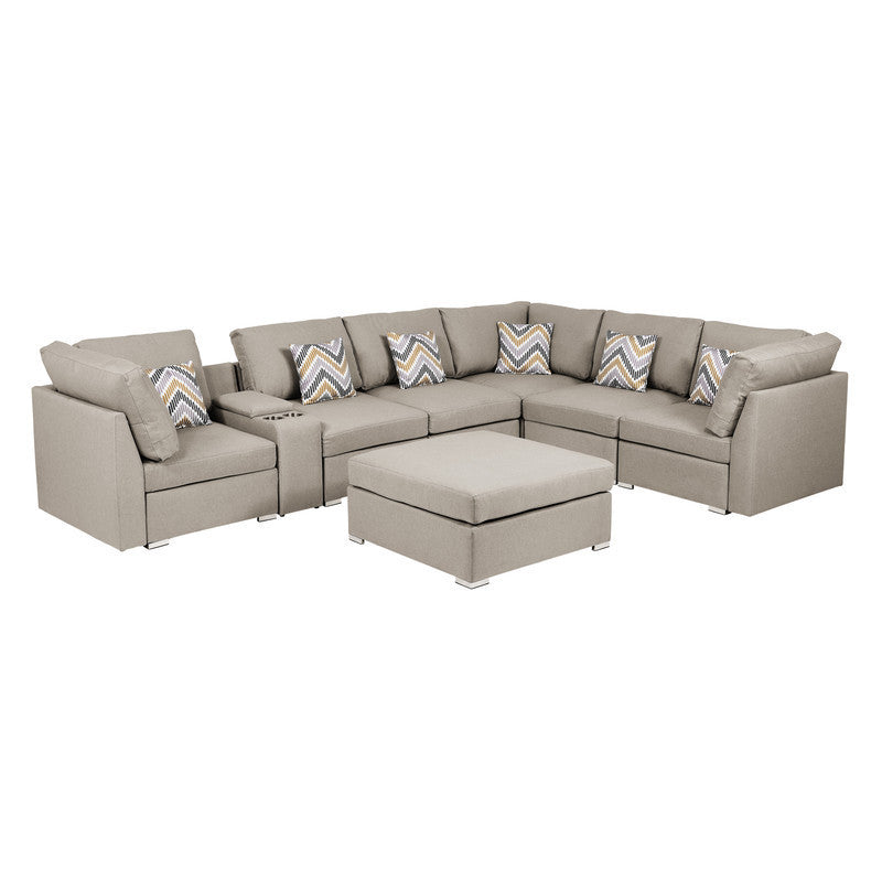Amira Beige Fabric Reversible Modular Sectional Sofa with USB Console and Ottoman
