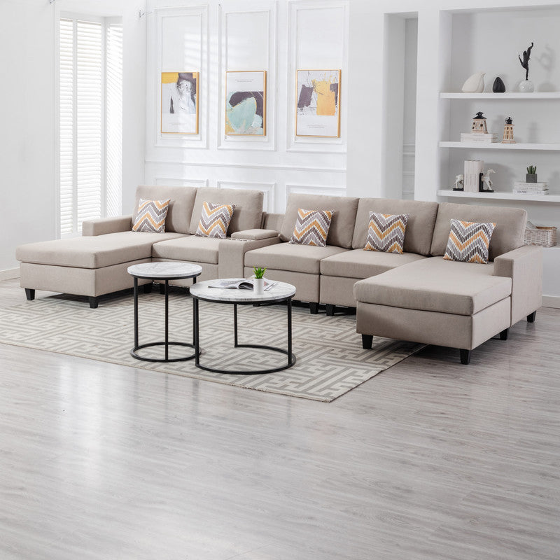 Nolan Beige Linen Fabric 6Pc Double Chaise Sectional Sofa with Interchangeable Legs, a USB, Charging Ports, Cupholders, Storage Console Table and Pillows