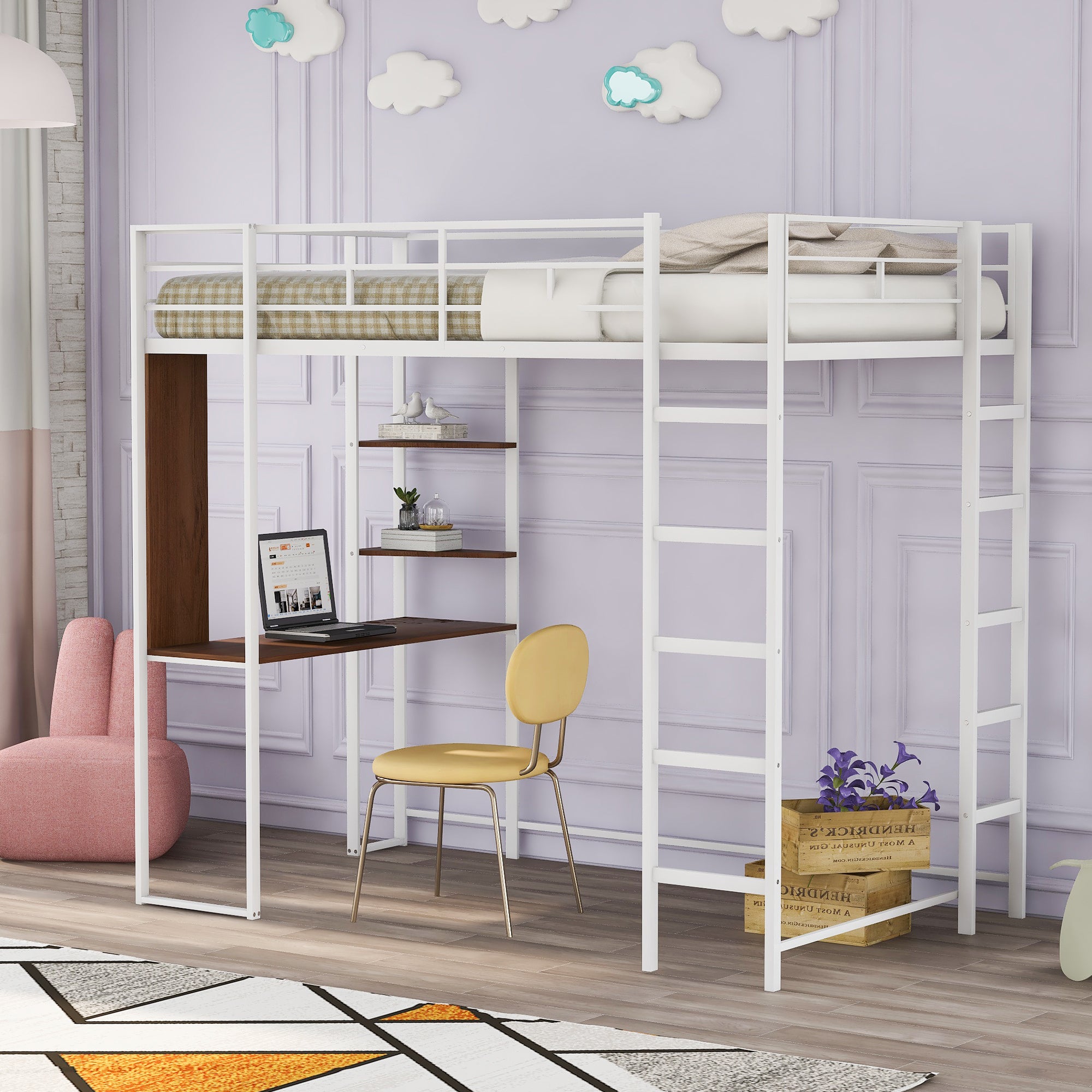 Hearth & Haven Twin Metal Loft Bed with 2 Shelves and one Desk, White