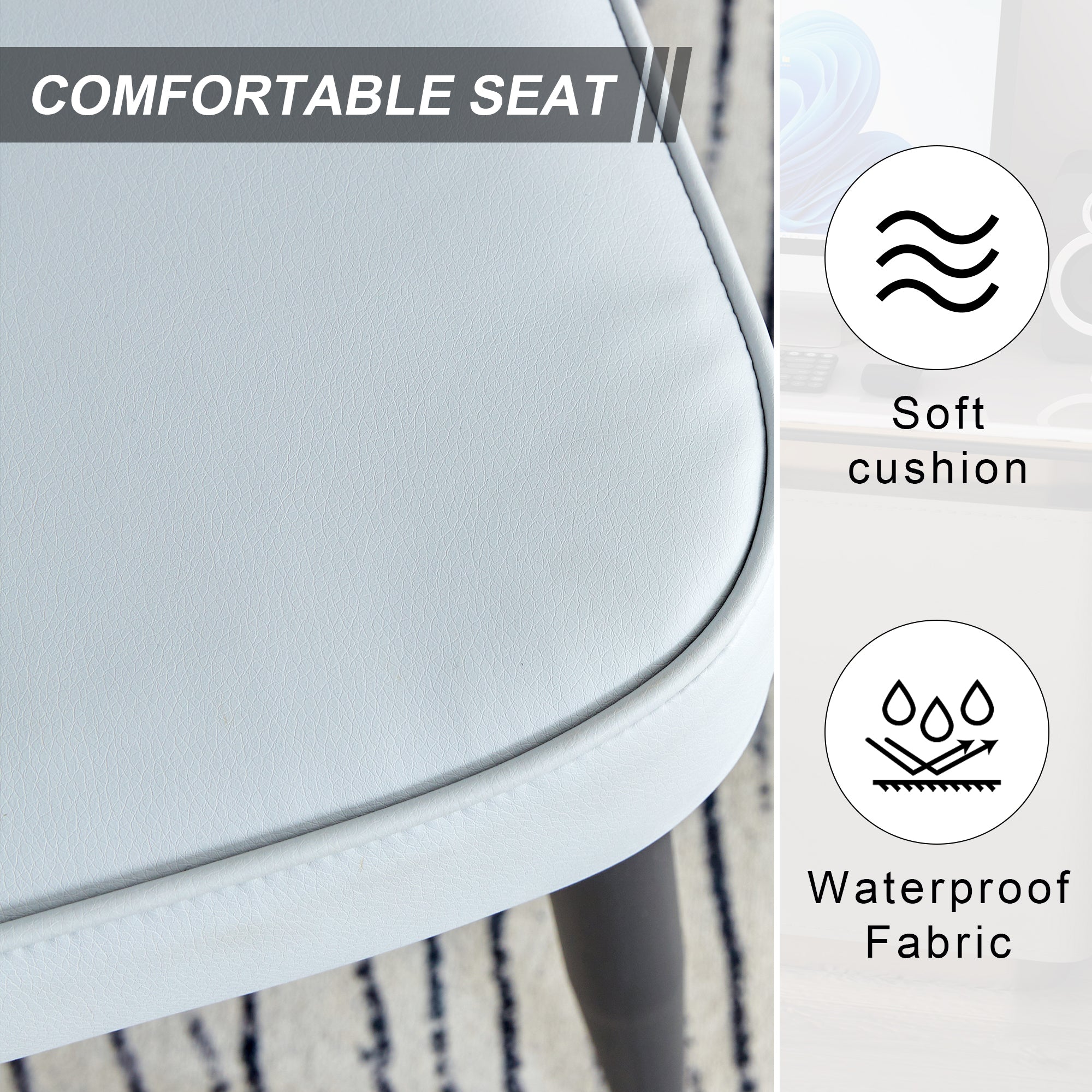 Table and chair set. 1 table and 6 light grey chairs. Glass dining table with 0.31-inch tempered glass tabletop and black coated metal legs. Equipped with light grey PU chairs 1123 008