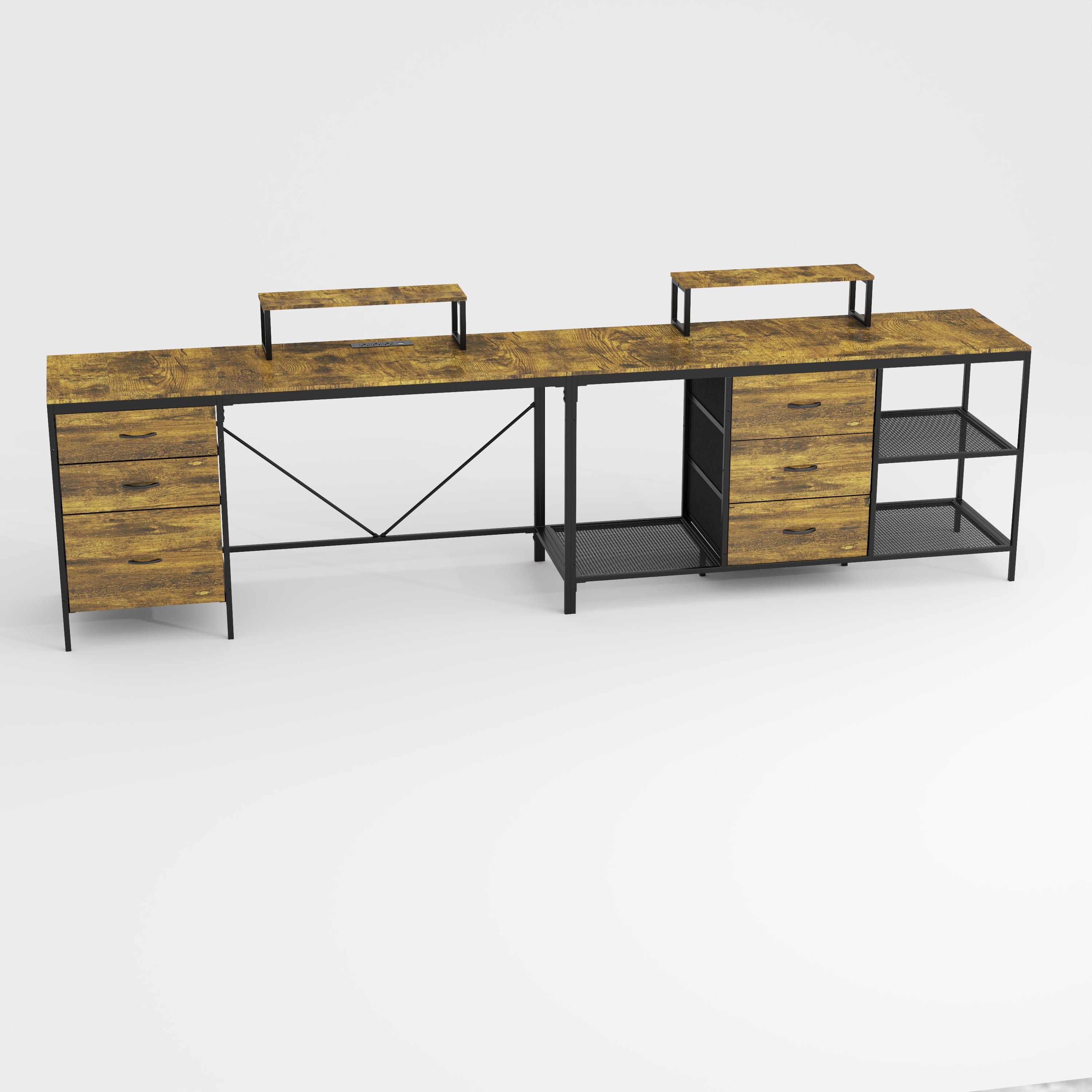 Industrial L-Shaped Desk with Power Hub, Rustic Brown Home Office Desk - 114' with 6 Drawers and Adjustable Monitor Stands, MDF+Metal
