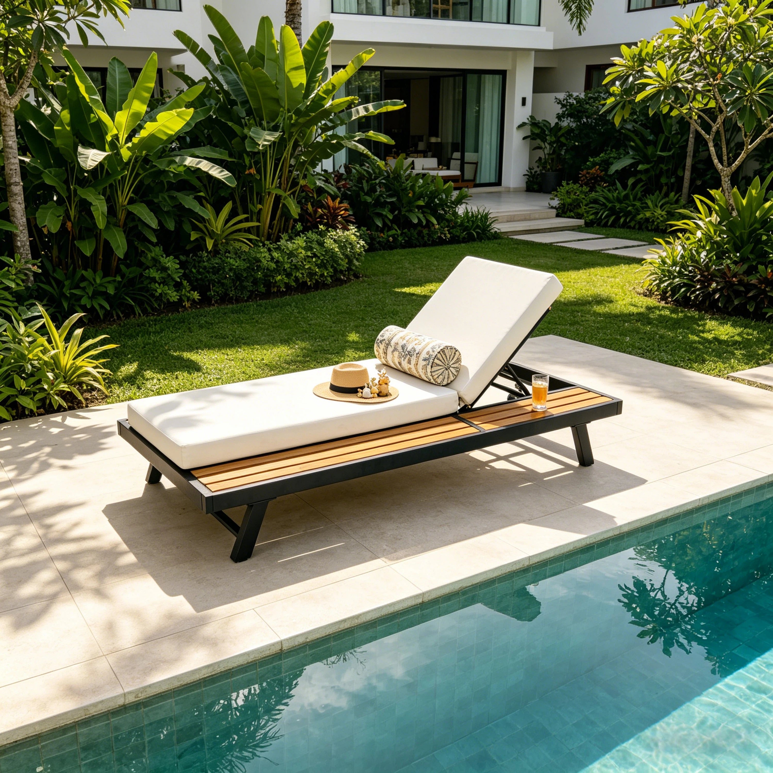 Black Iron + Teak Finish Chaise Lounge Set with Cream Cushion, 400 lbs Capacity, 4' Thick 2-Fold Water-Resistant Cushion, Adjustable Backrest with Flat Storage Surface for Patio Poolside Backyard