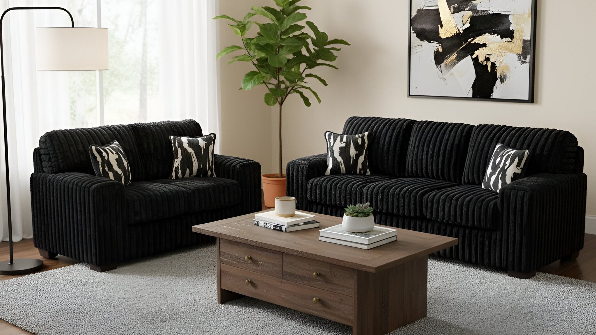 Austin Black Corduroy Sofa and Loveseat Set