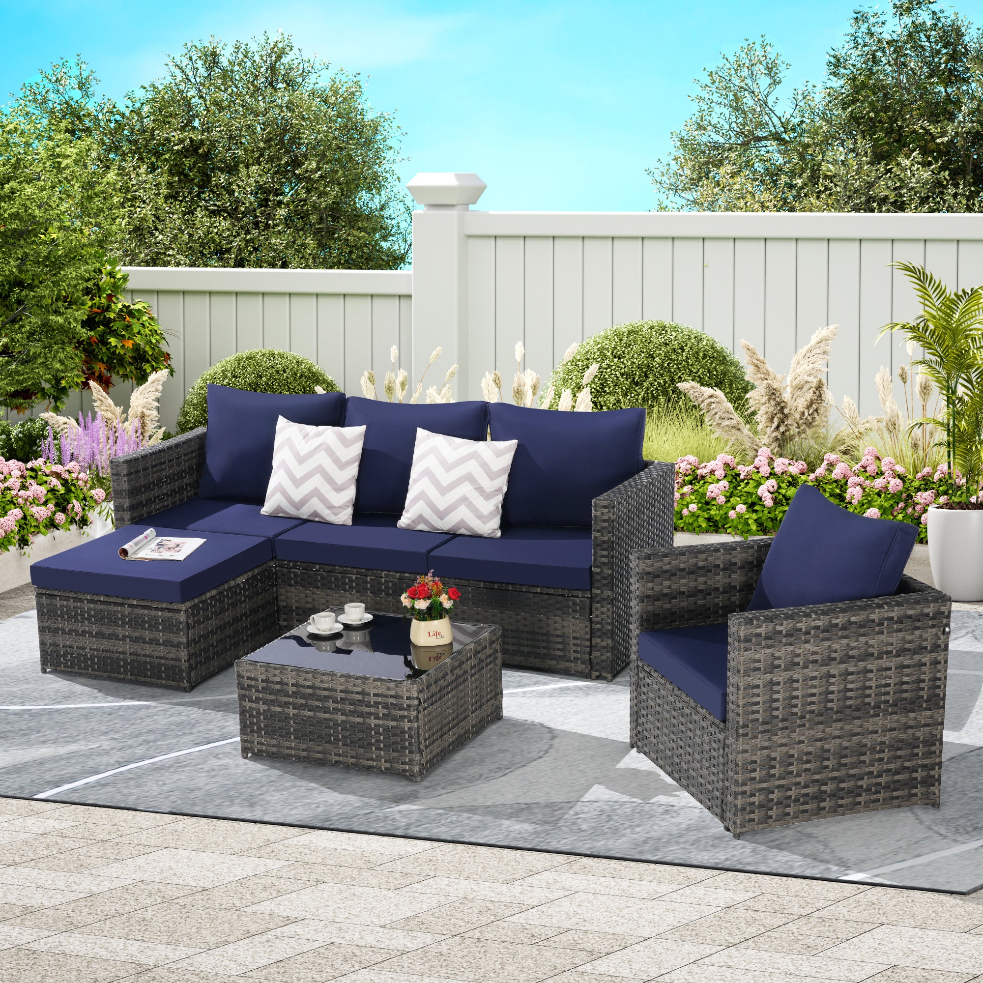 3 Pieces Patio Furniture Set,Outdoor Woven Sectional L- Shaped Patio Furniture ,Wicker Conversation Set with single sofa, and Detachable Lounger &Coffee Table for Backyard Poolside