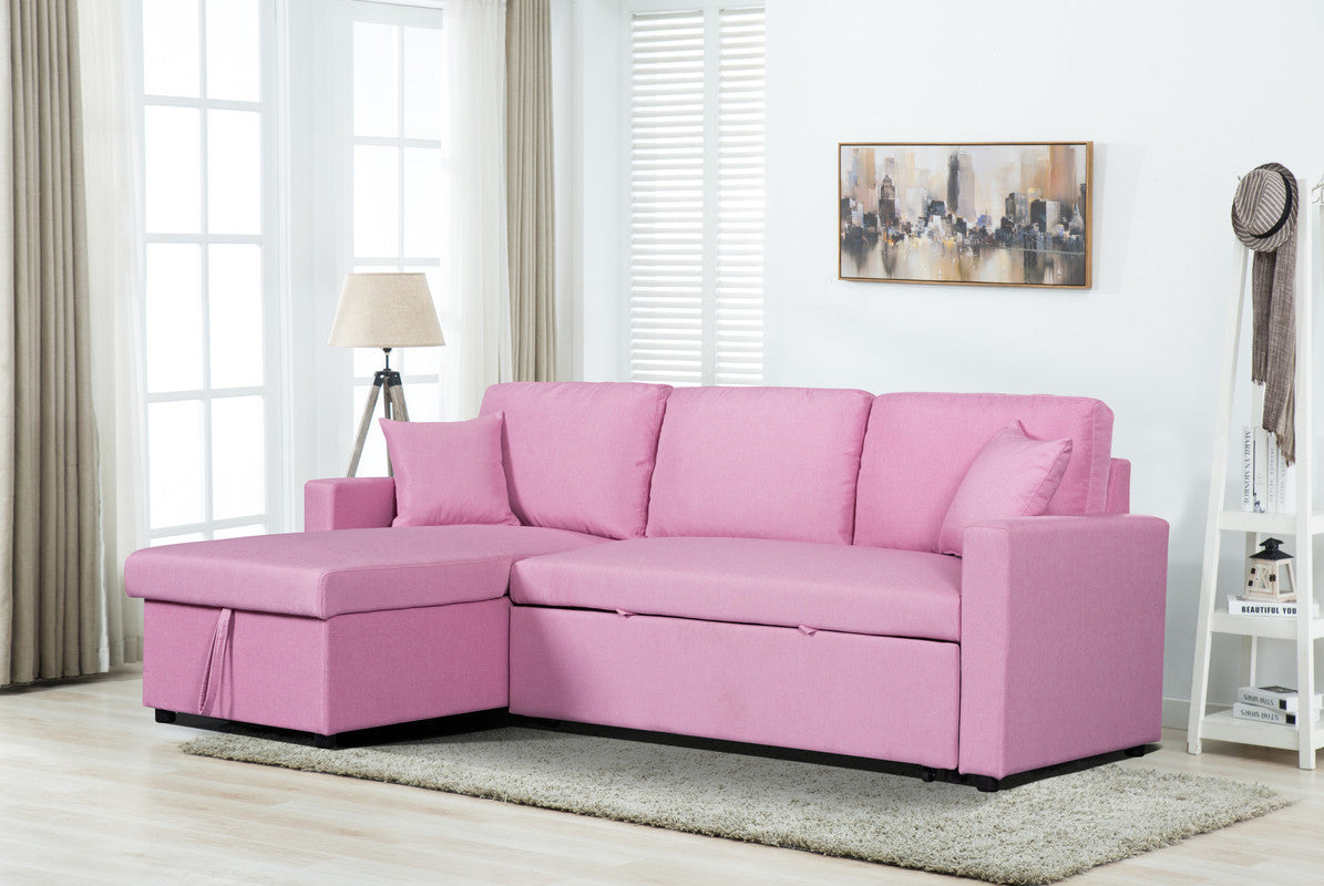 Paisley 82' Pink Linen Fabric Reversible Sleeper Sectional Sofa with Storage Chaise