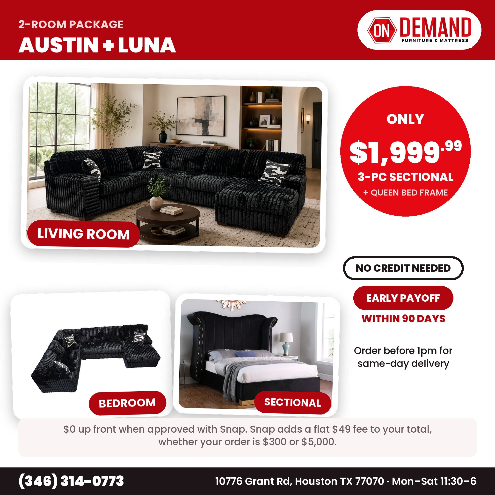 Austin Black Plush Corduroy 2 Room Package: black corduroy sectional and Luna black bed frame