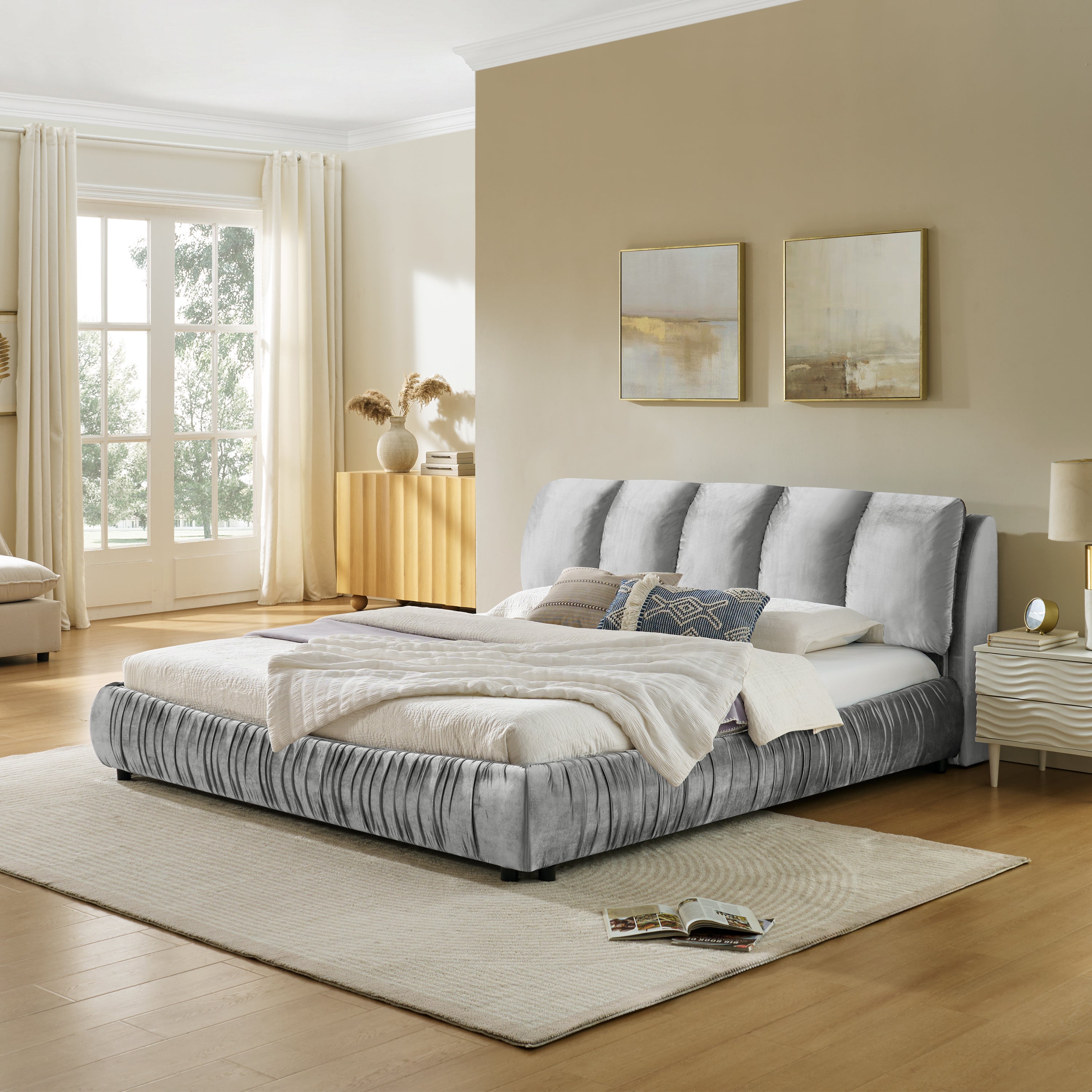 King Size Upholstered Bed Frame, Modern Minimalist Style with Segmented Plump Compressed Sponge Headboard, Shiny velvet & Sturdy Leg Support, Mattress Not Included-Gray