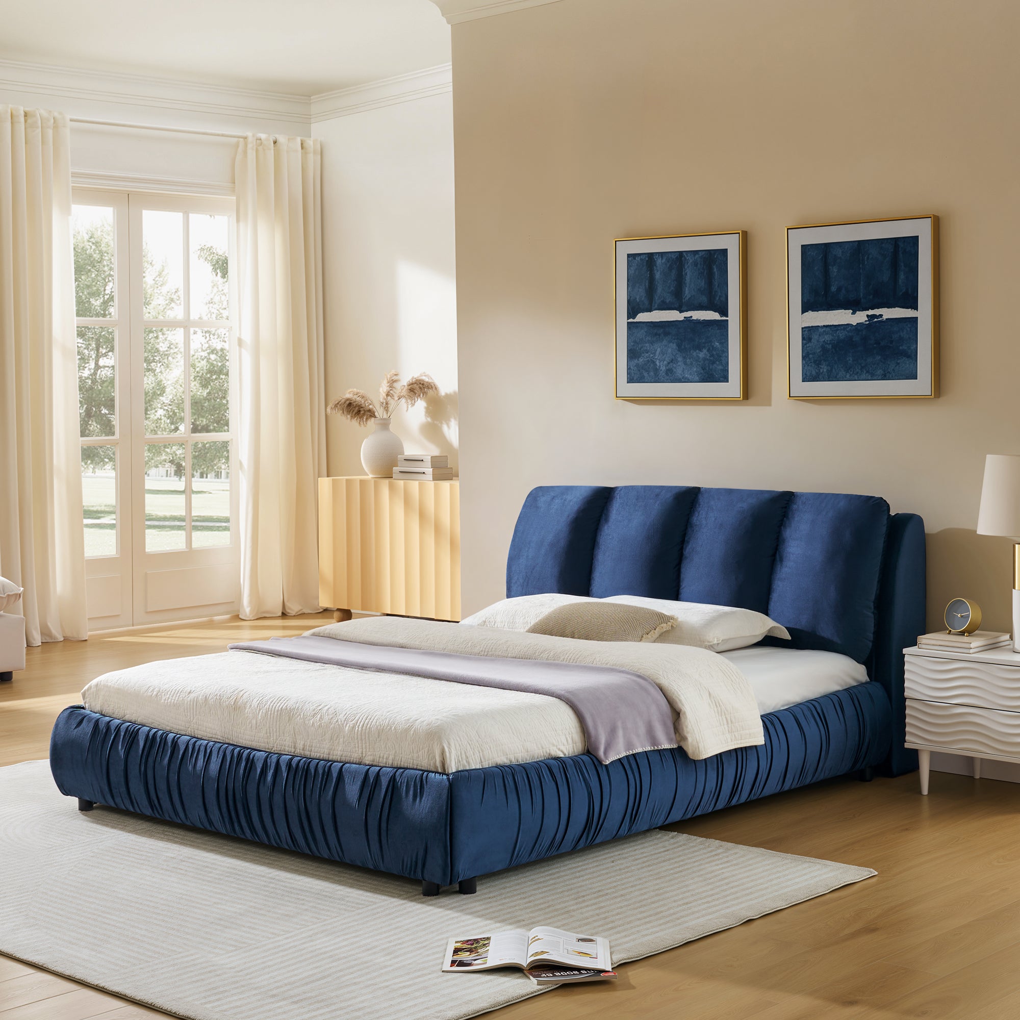 Queen Size Upholstered Bed Frame, Modern Minimalist Style with Segmented Plump Compressed Sponge Headboard,Shiny velvet & Sturdy Leg Support, Mattress Not Included-Dark Blue