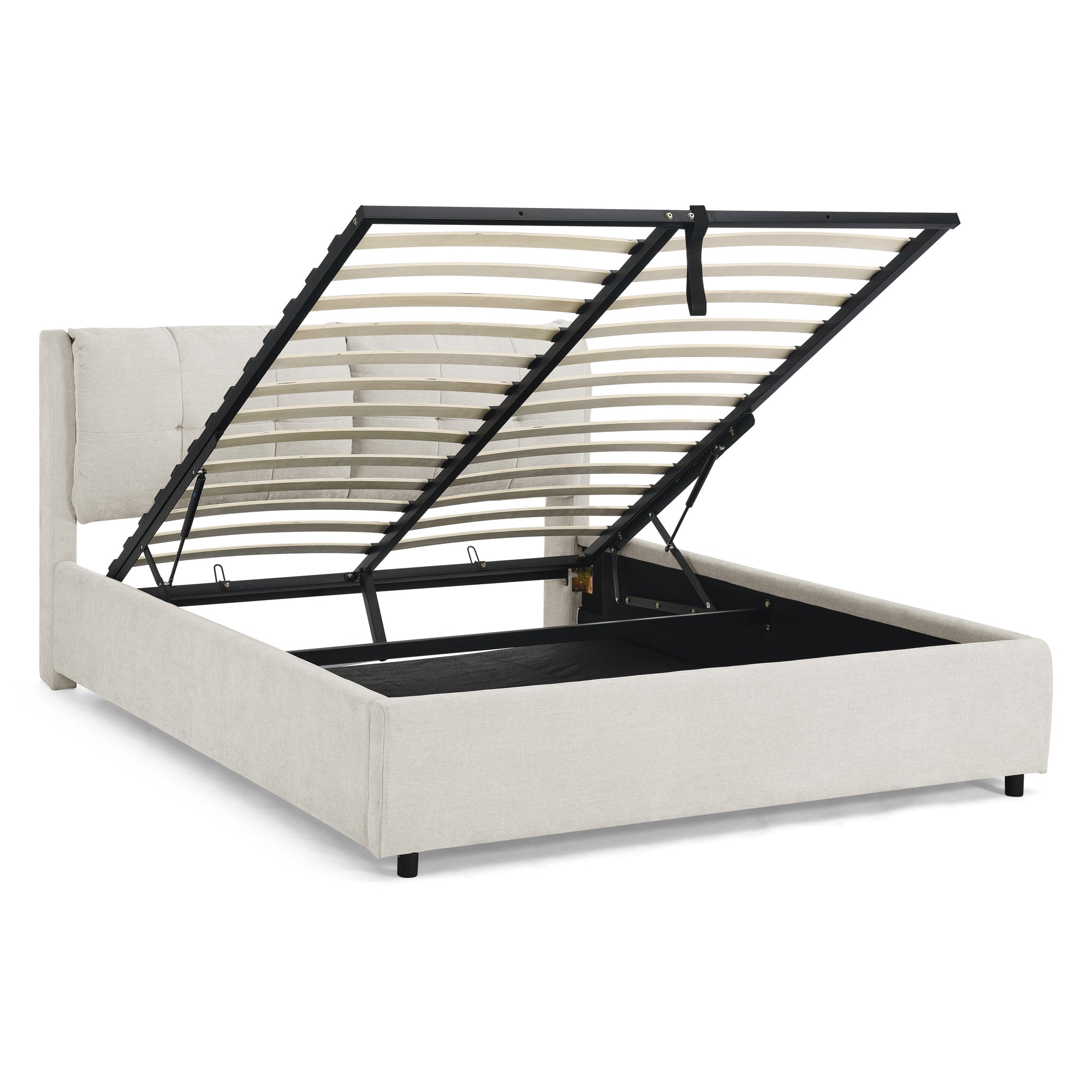 Beige Chenille Upholstered Queen Storage Platform Bed with Integrated Headboard and Hidden Drawer