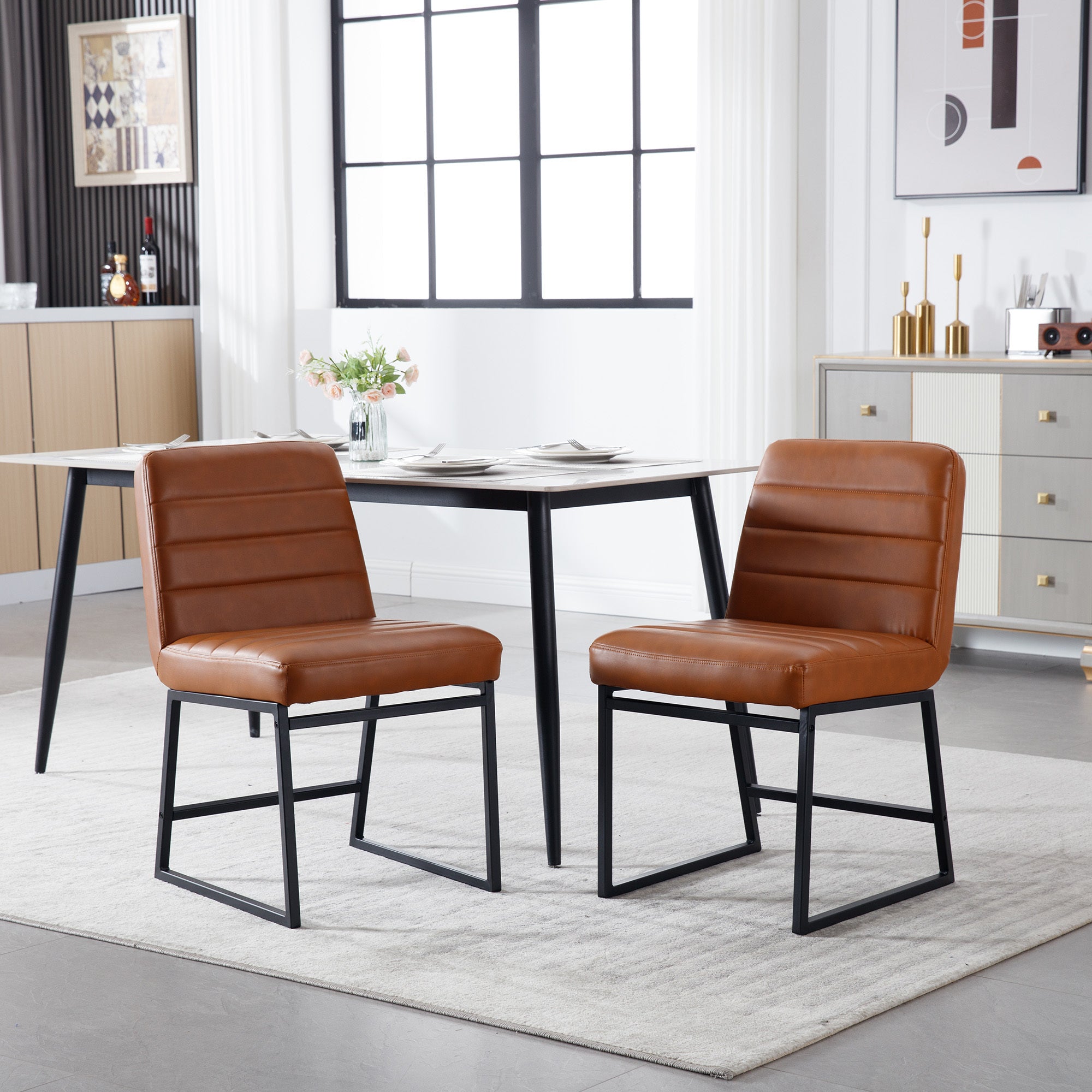 Upholstered Leather Dining Chairs Set of 2 With Metal Legs, Mid Century Modern Leisure Chairs for Kitchen Living Room Dining room Bistro Coffee Shop,Brown
