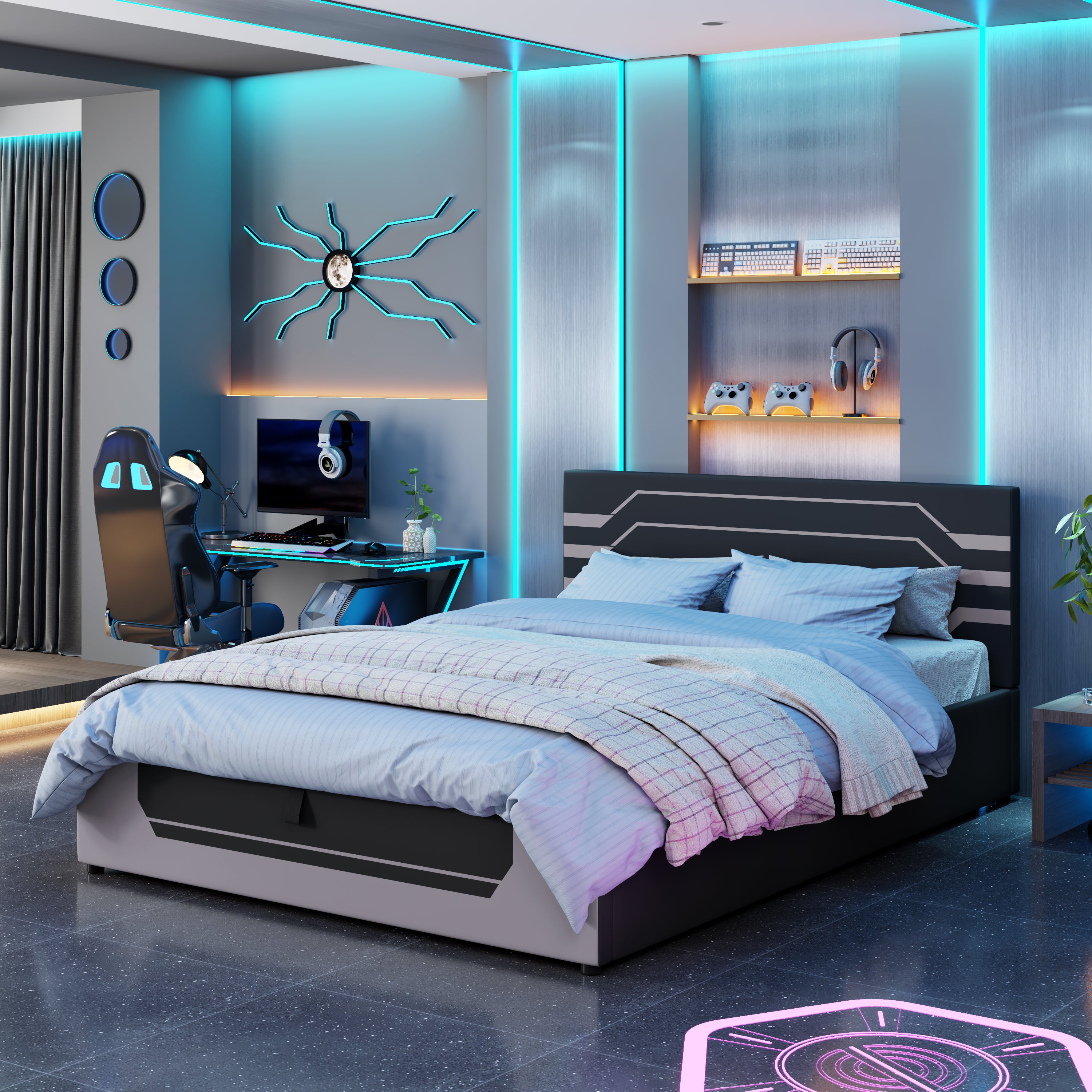 Modern Queen Size Hydraulic Storage Gaming Bed Frame, Esports Design with Cyberpunk Aesthetics, Platform Bed for Gamers & Gen Z Youth, Black+Gray