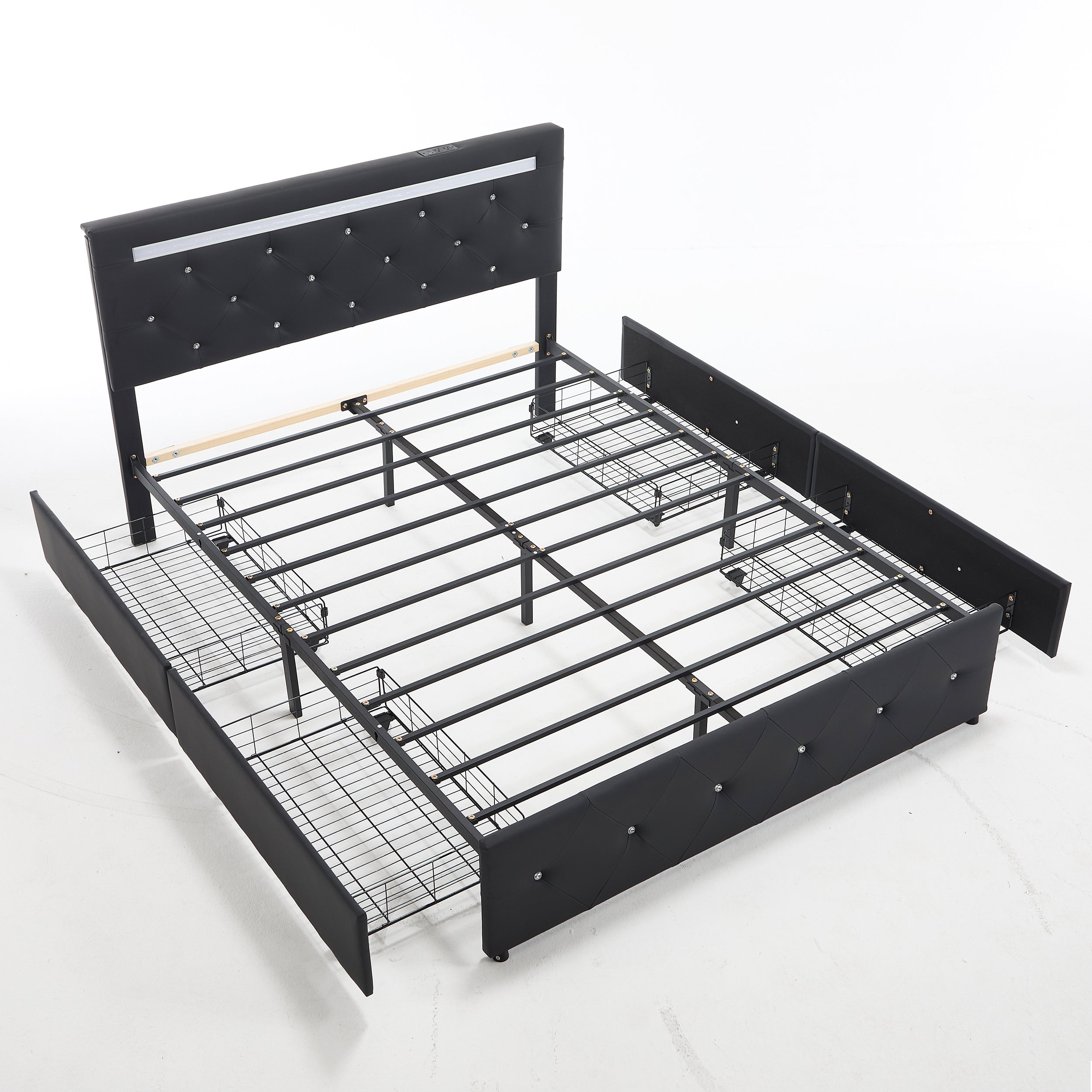 Black PU Upholstered Queen Bed Frame with LED Light, 4 Storage Drawers, Adjustable Headboard, Charging Station, Metal Frame, No Box Spring Needed