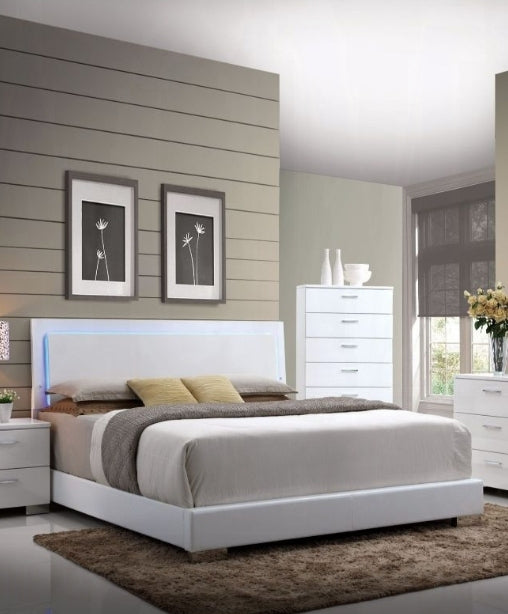 Lorimar  White Synthetic Leather & White Leg Queen Bed W/Led