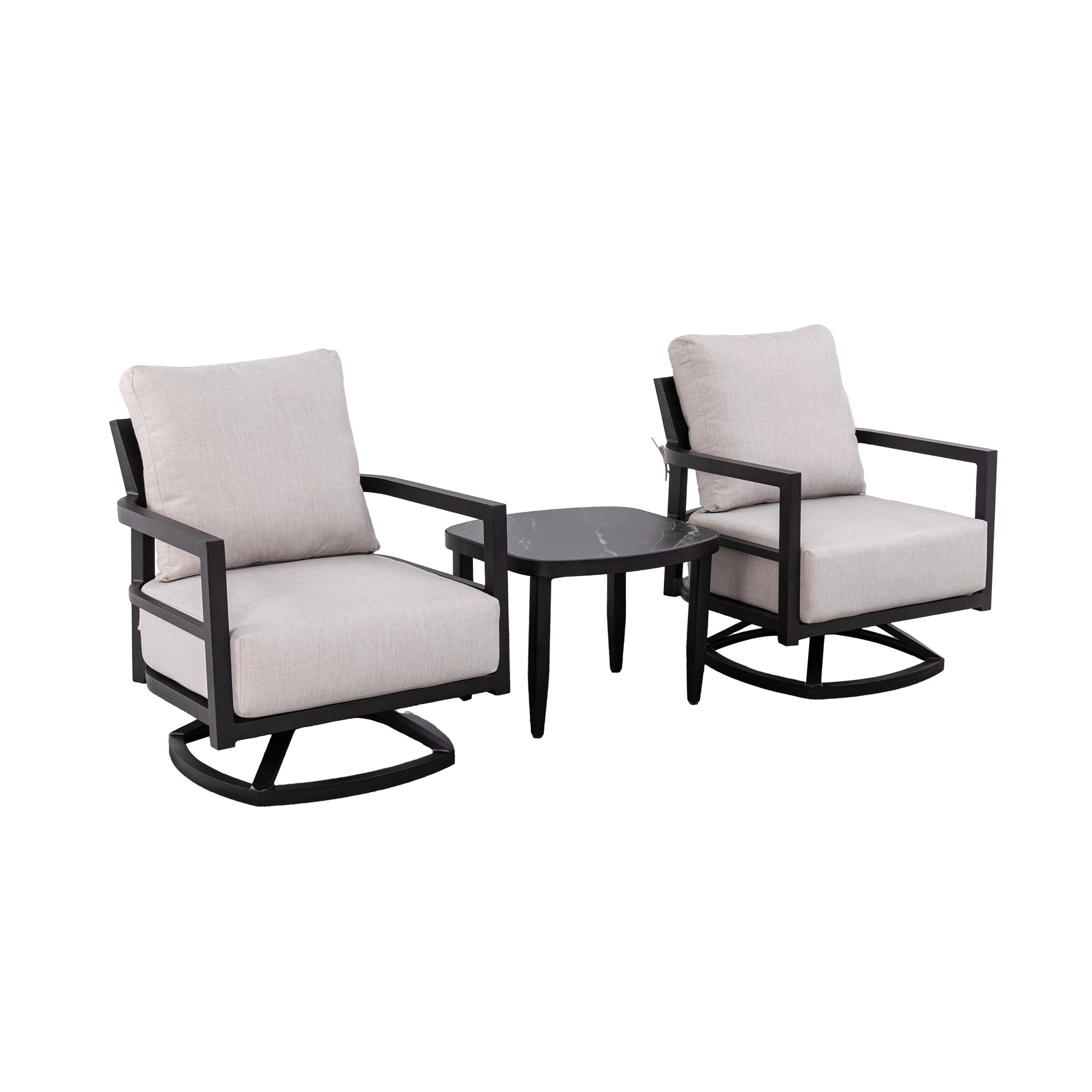 3PC Outdoor Aluminum Patio Furniture Set with Swivel Lounge Chairs, Sunbrella Cushions, Black Marble-Inspired Sintered Stone Table, Ember Black Finish
