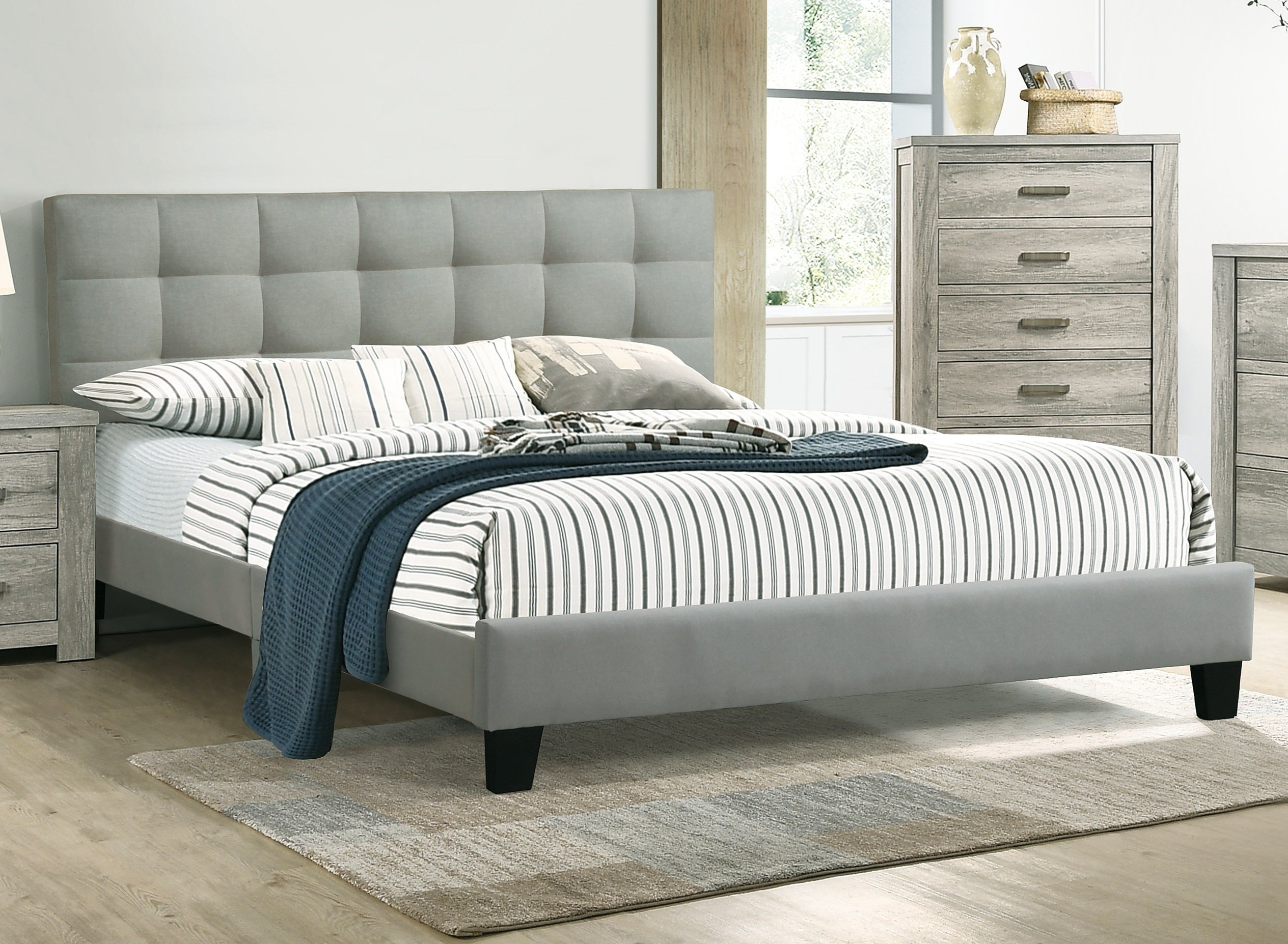 Contemporary 1pc Eastern King Size Bed Grey Polyfiber Tufted Headboard Platform Bedframe Bedroom Furniture