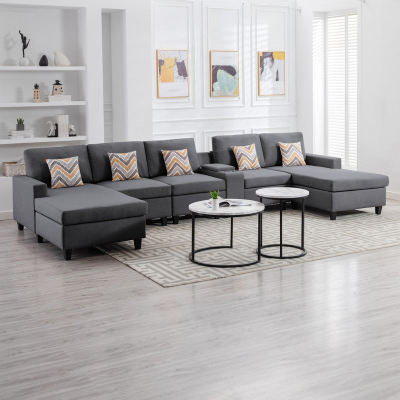 Nolan Gray Linen Fabric 6Pc Double Chaise Sectional Sofa with Interchangeable Legs, a USB, Charging Ports, Cupholders, Storage Console Table and Pillows