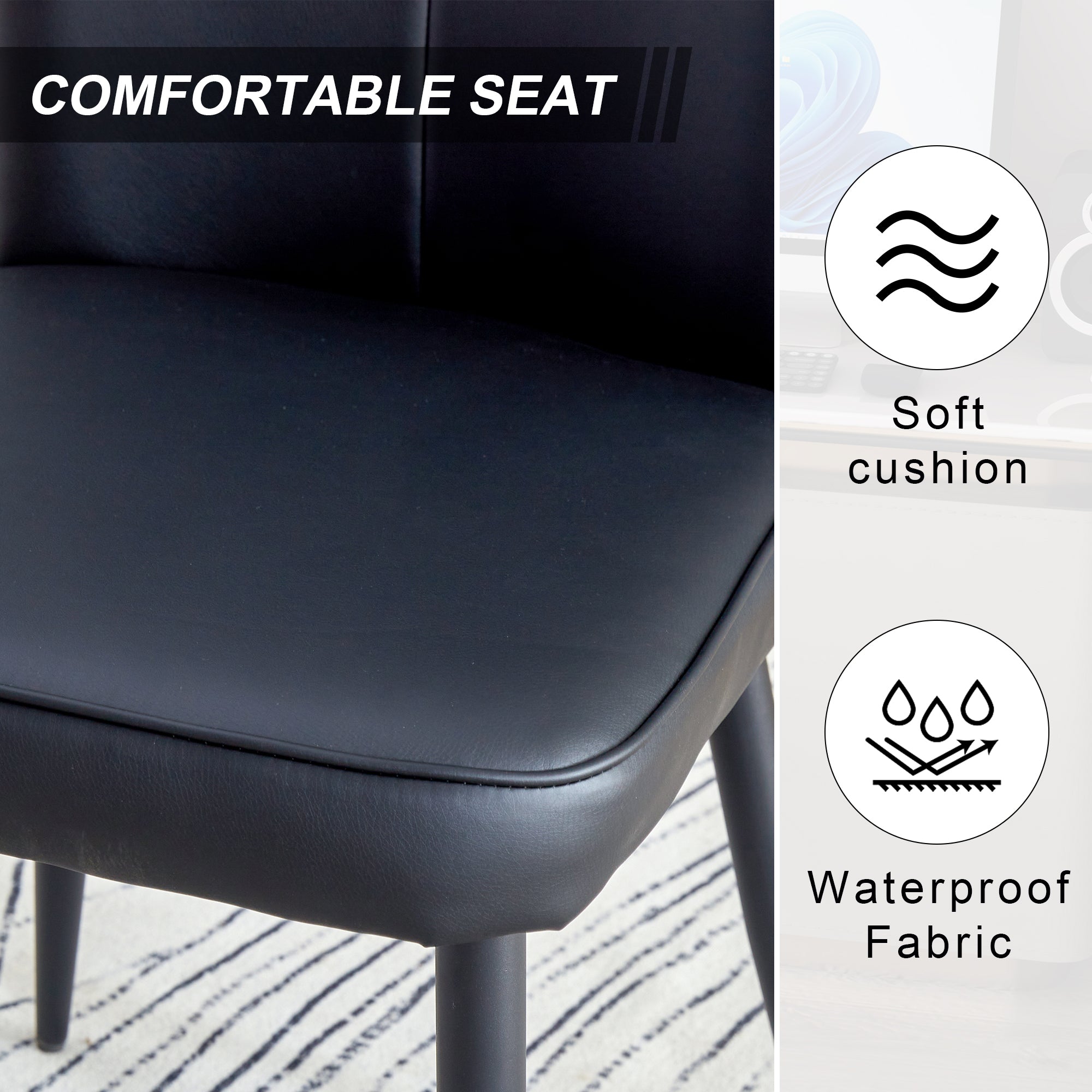 Table and chair set. 1 table and 6 black chairs. Glass dining table with 0.31-inch tempered glass tabletop and black coated metal legs. Equipped with black PU chairs 1123 008