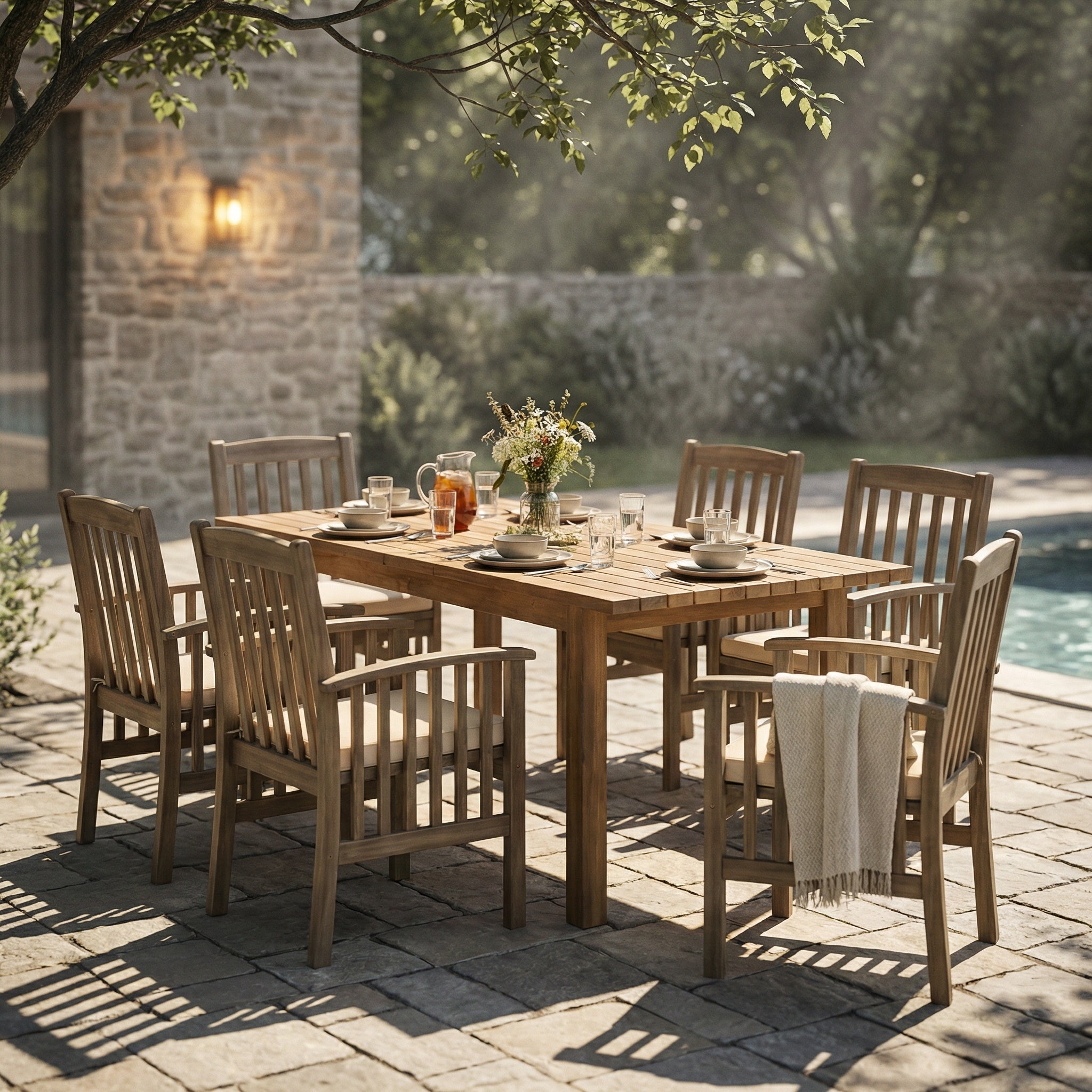7 Pieces Acacia Wood Outdoor Dining Set s,Modern 6 Chairs  1 Large Table,Dining Furniture Set for Lawn, Backyard, Garden Deck,Poolside,Grey