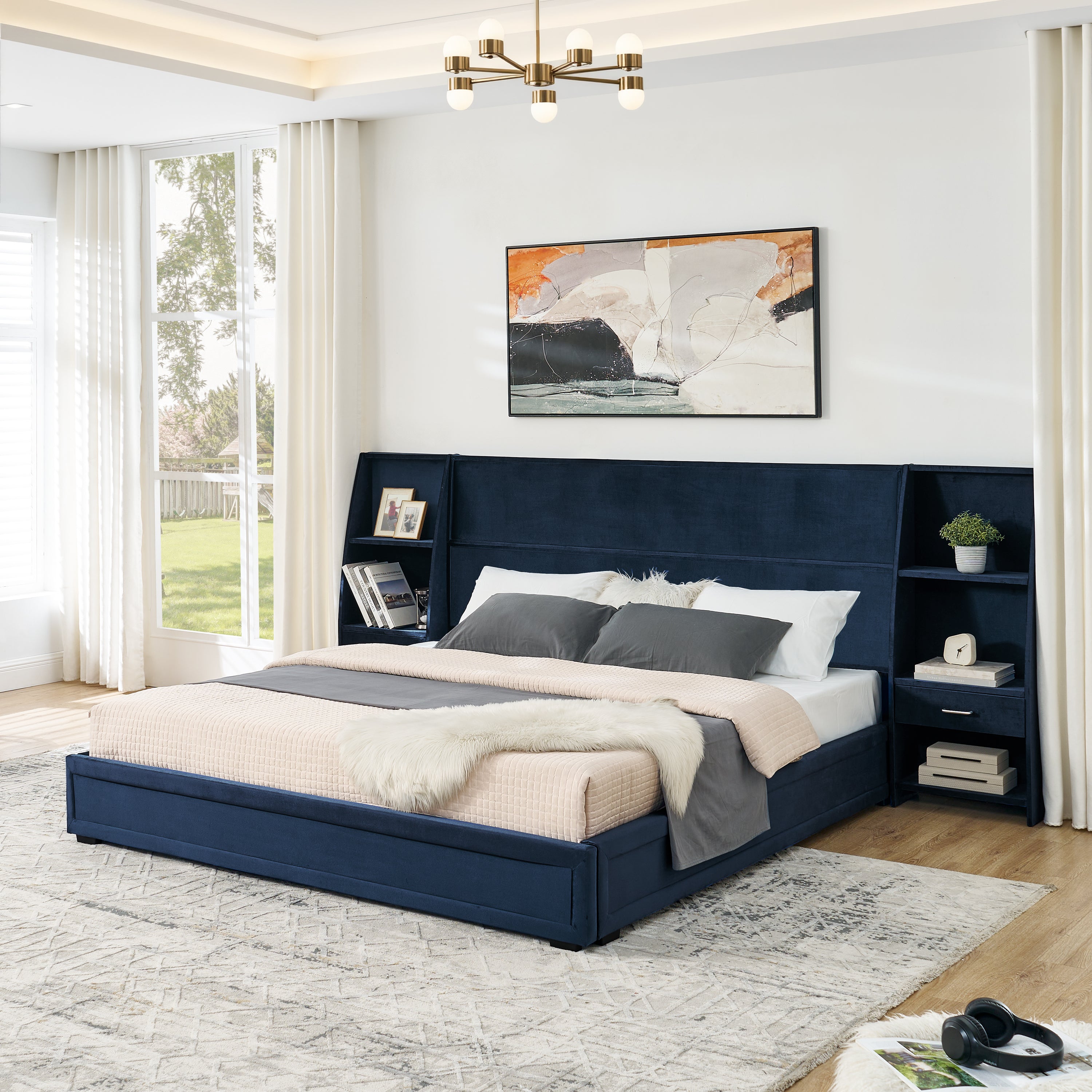 King Size Modern Storage Platform Bed Frame, Glossy Velvet Headboard with Side Bookcases & Drawer, Mattress Excluded-Dark Blue