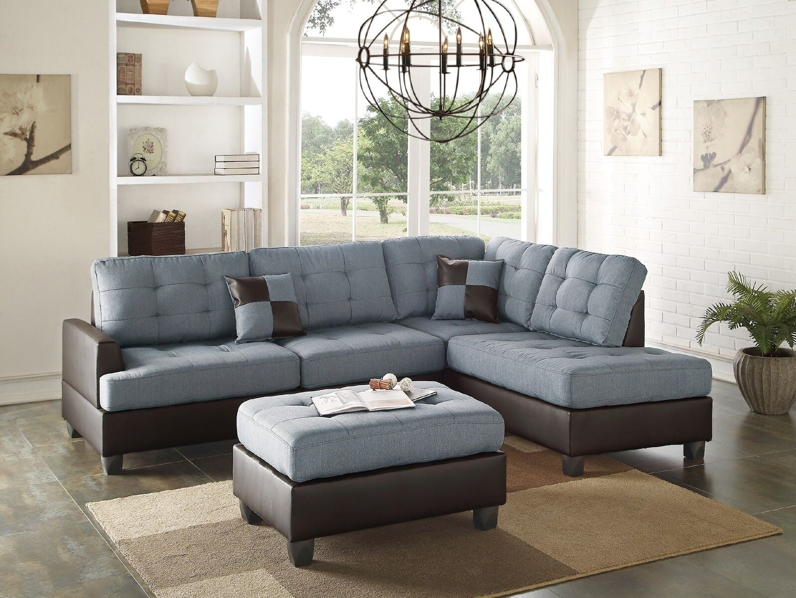 3pc Contemporary Sectional Grey Linen Like Fabric Cushion Tufted Reversible