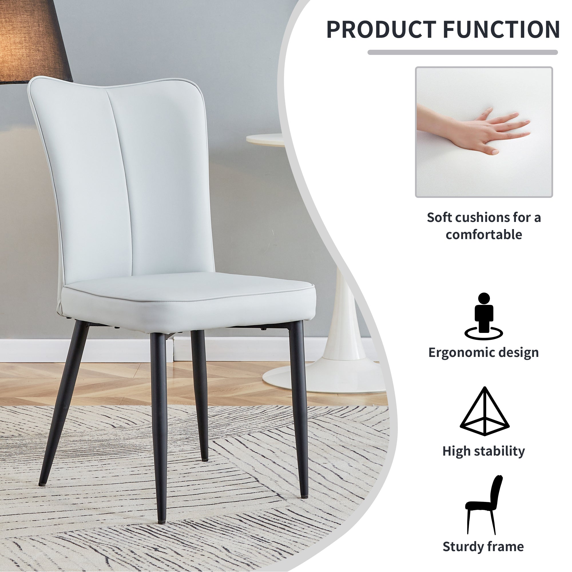 Table and chair set. 1 table and 6 light grey chairs. Glass dining table with 0.31-inch tempered glass tabletop and black coated metal legs. Equipped with light grey PU chairs 1123 008
