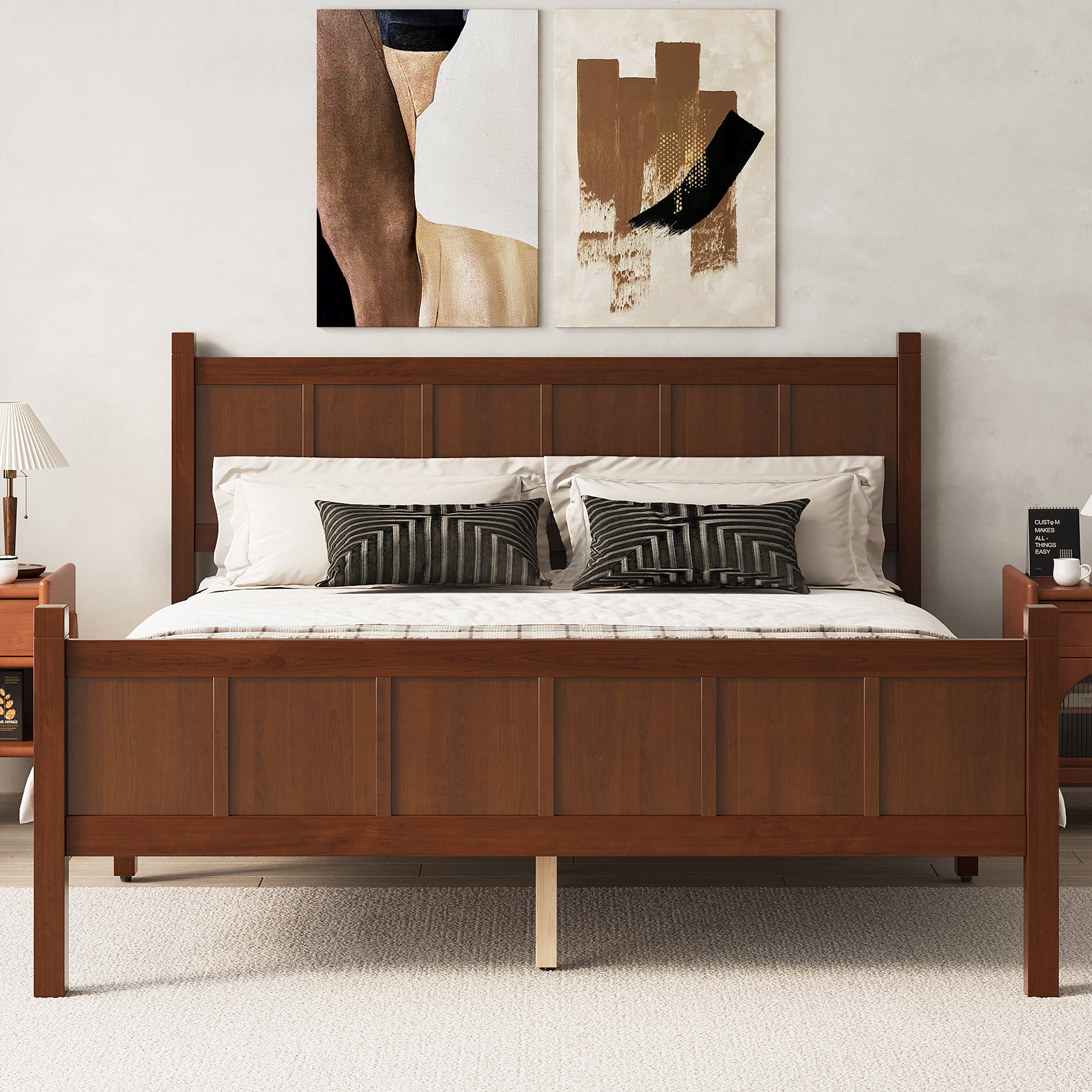Queen Size Flat Panel Bed with Headboard & Footboard, Minimalist Modern Platform Bed with Wood Grain Finish, Shaker and Farmhouse Style Design, Sleek and Functional Bedroom Furniture,Dark Walnut