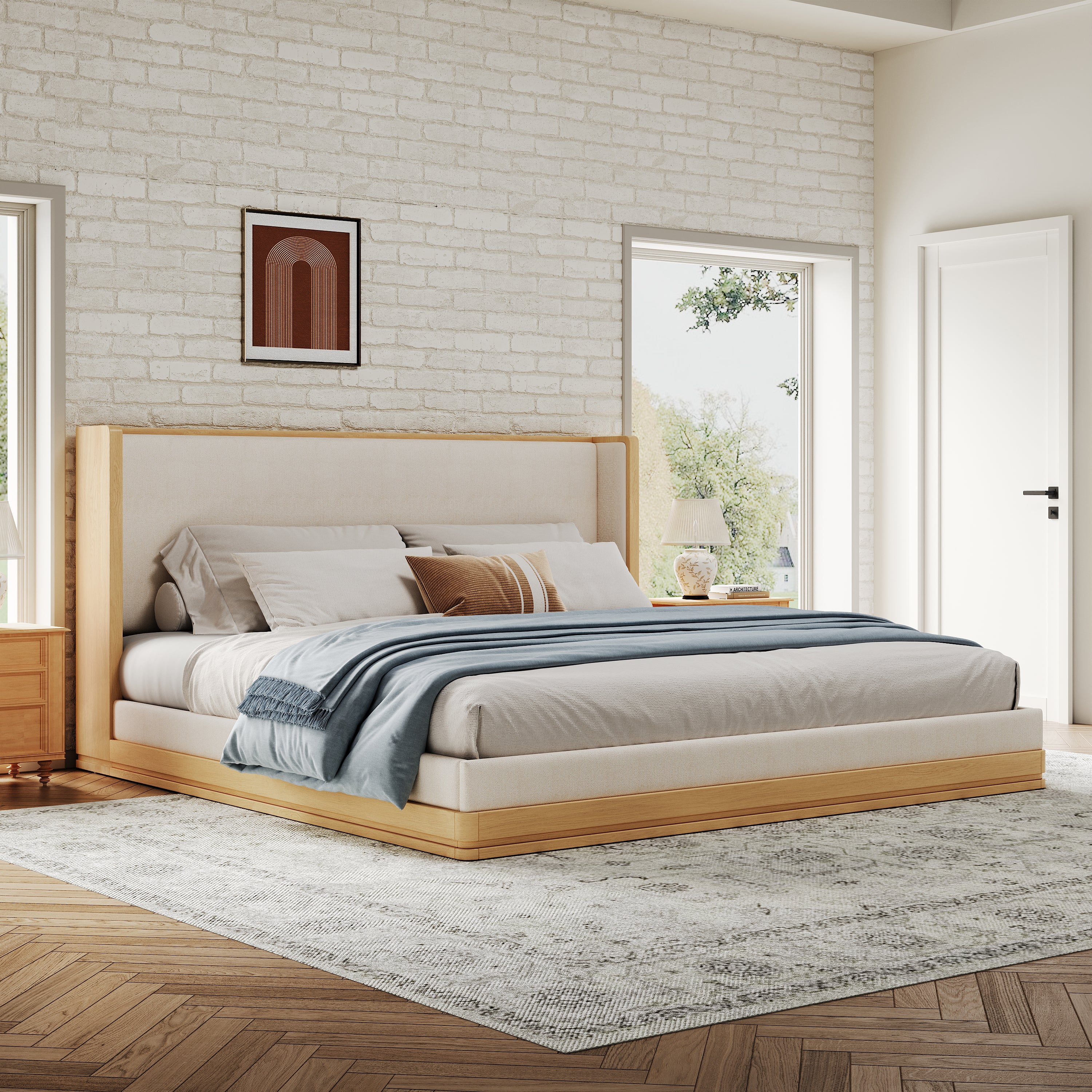 Mid-Century Modern Wood & Beige Upholstered Platform Bed,King