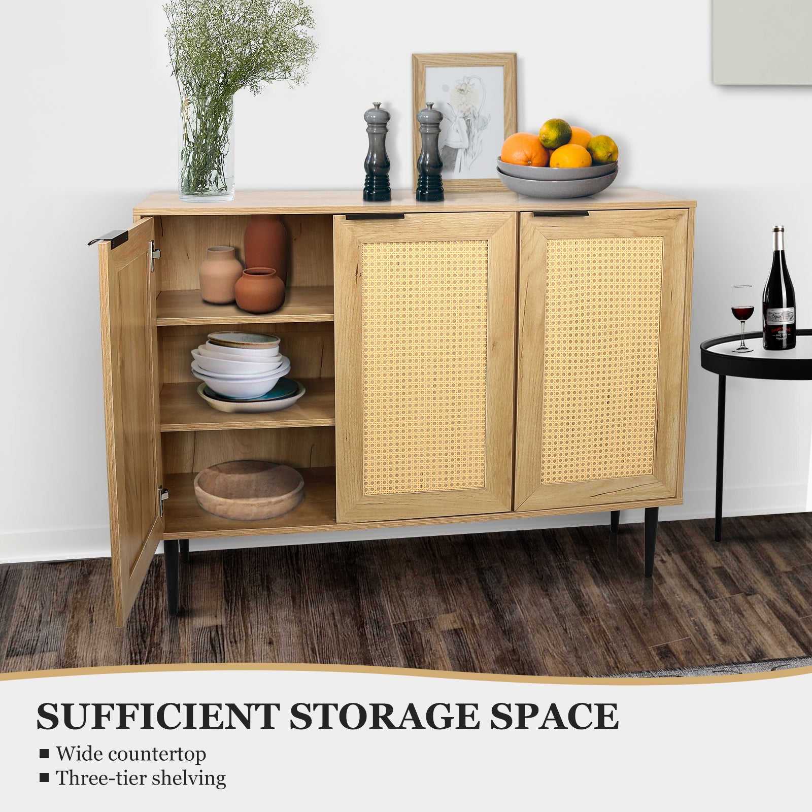 47.24 '' Wide Elegant Kitchen Buffet Storage  Cabinet with 3 Rattan Doors for Bedroom Living Room Kitchen Cupboard Wooden Furniture with 3-Tier Shelving ,Natural Color