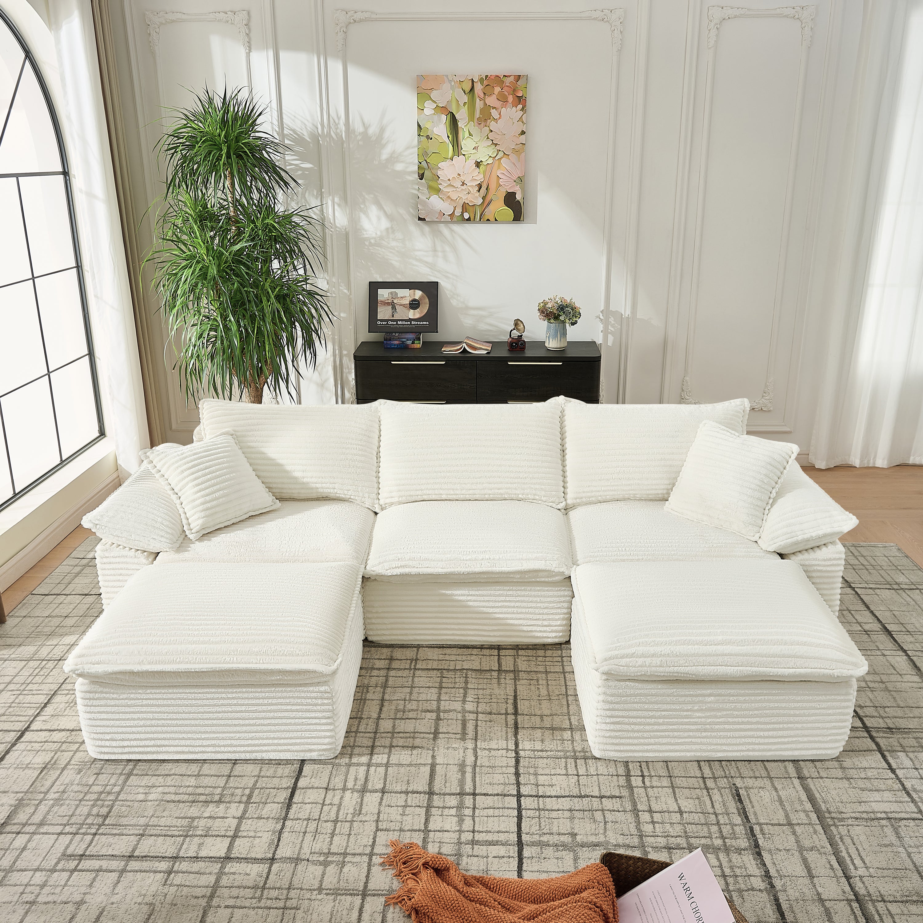113' Sectional Sofa - U-Shape Sofa-Oversized Corduroy Cloud Couch with Movable Ottoman Soft Modern Comfy and No Assembly Sofa Set for Living Room Apartment Office, Beige