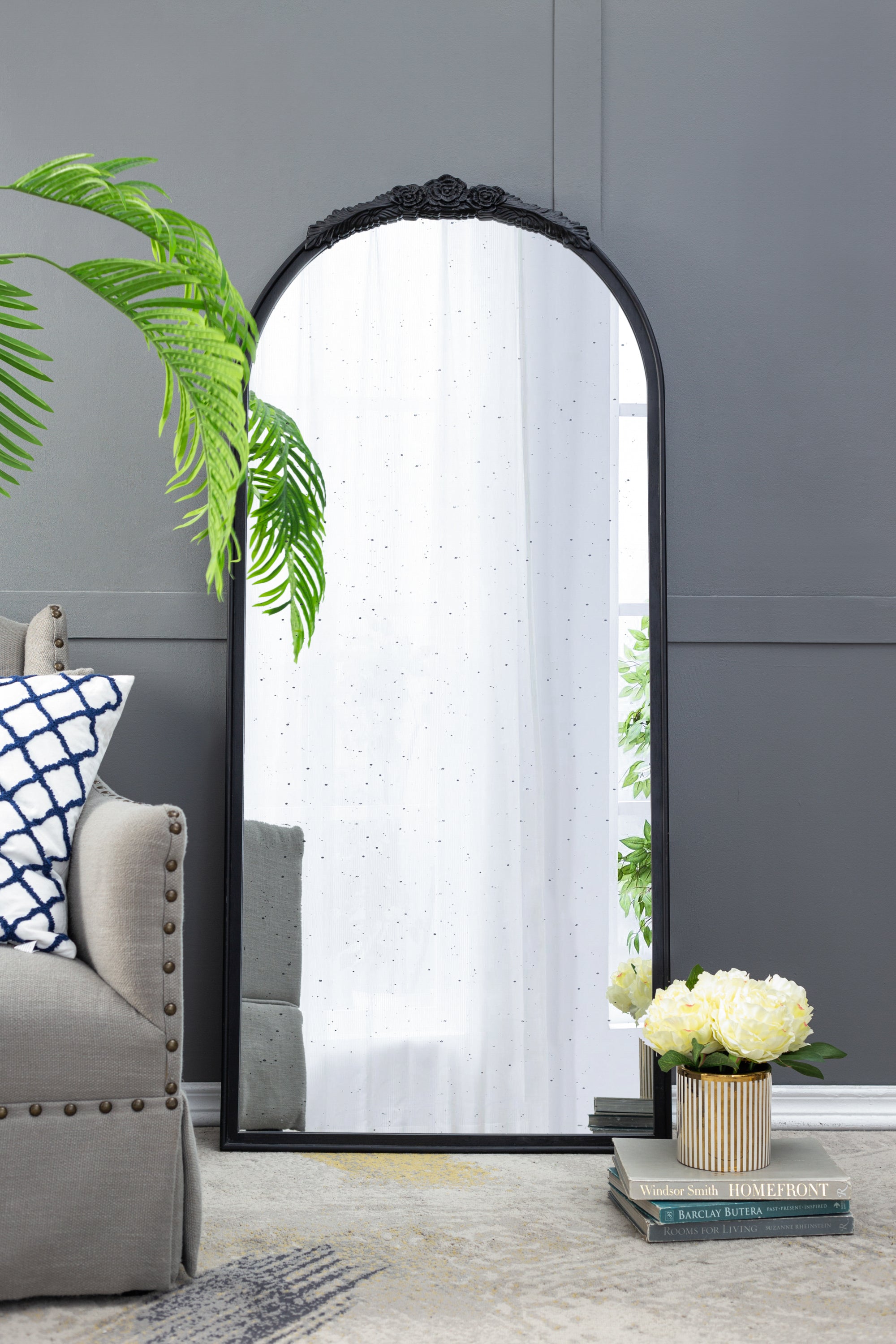 30" x 65"  Hand Carved Rose Antique Mirror Frame, Large Arch Mirror Wall Decor for Living Room, Bathroom, Entryway(Black)