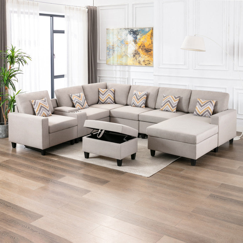Nolan Beige Linen Fabric 8Pc Reversible Chaise Sectional Sofa with Interchangeable Legs, Pillows, Storage Ottoman, and a USB, Charging Ports, Cupholders, Storage Console Table