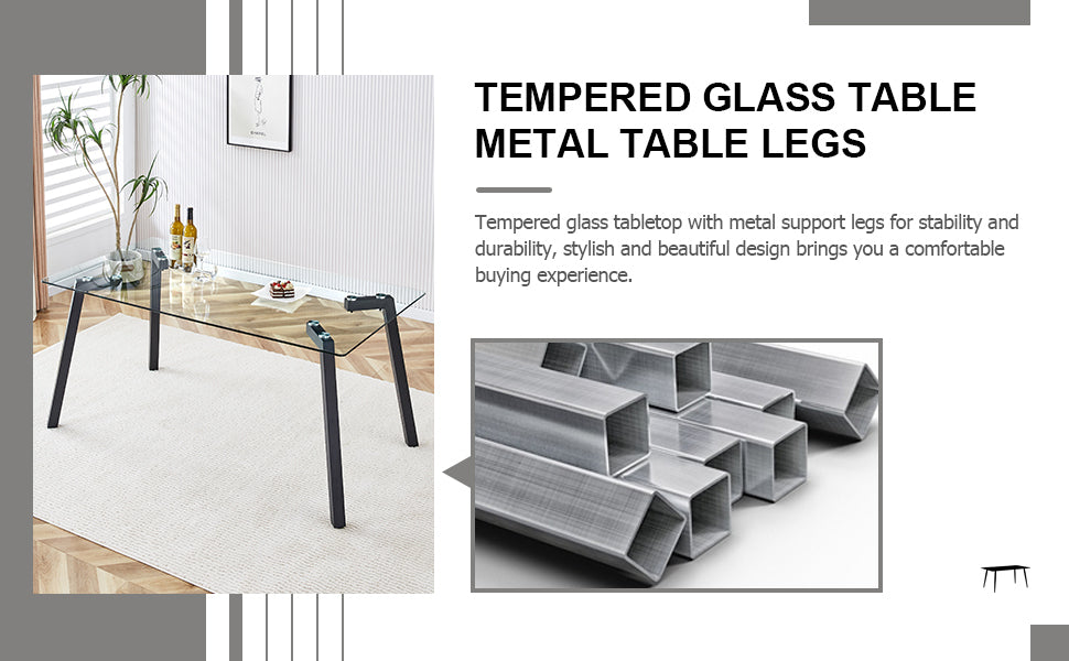 Table and chair set. 1 table and 6 black chairs. Glass dining table with 0.31-inch tempered glass tabletop and black coated metal legs. Equipped with black PU chairs 1123 008