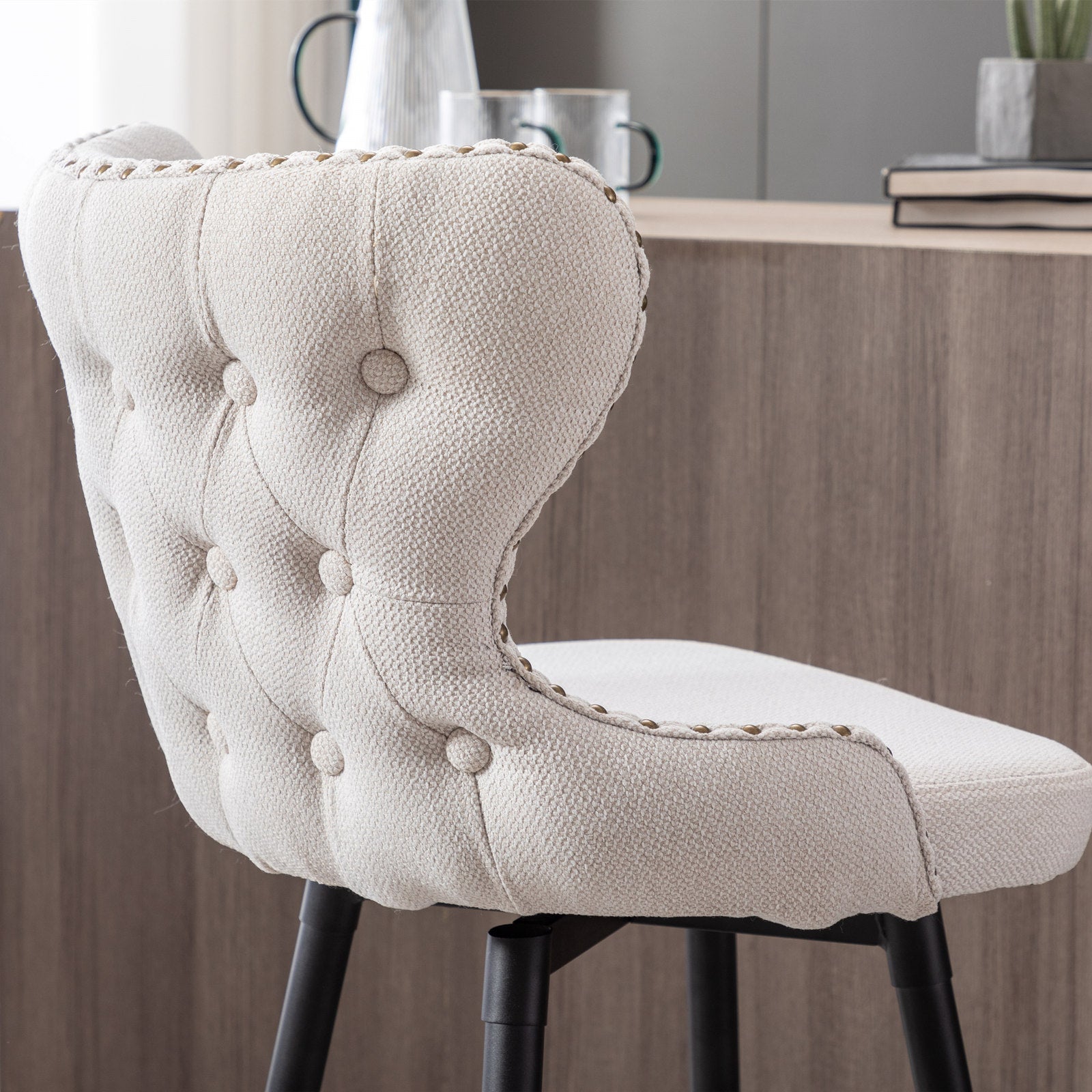 A&A Furniture,Counter Height 25" Modern Linen Fabric bar chairs,180° Swivel Bar Stool Chair for Kitchen,Tufted Cupreous Nailhead Trim Burlap Bar Stools with Metal Legs,Set of 2 (Beige)