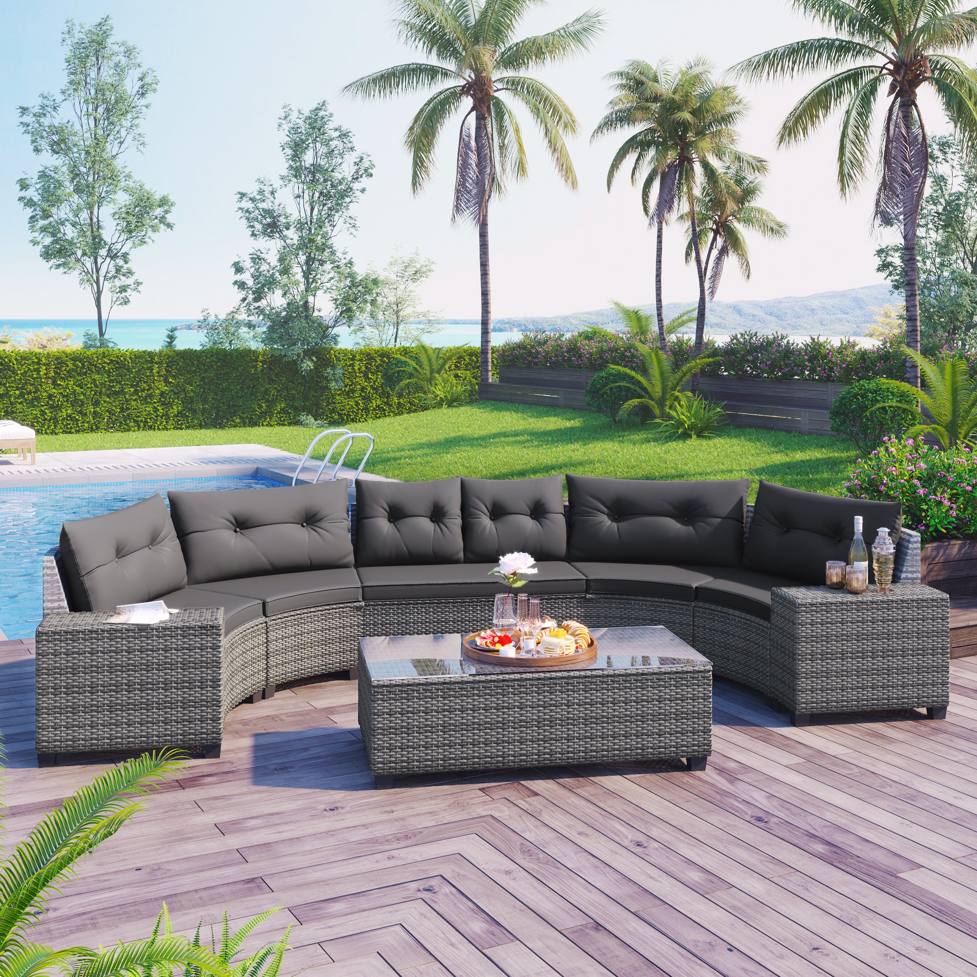 <Old SKU: FG201215AAE> 8-pieces Outdoor Wicker Round Sofa Set, Half-Moon Sectional Sets All Weather, Curved Sofa Set With Rectangular Coffee Table, PE Rattan, Movable Cushion, Gray