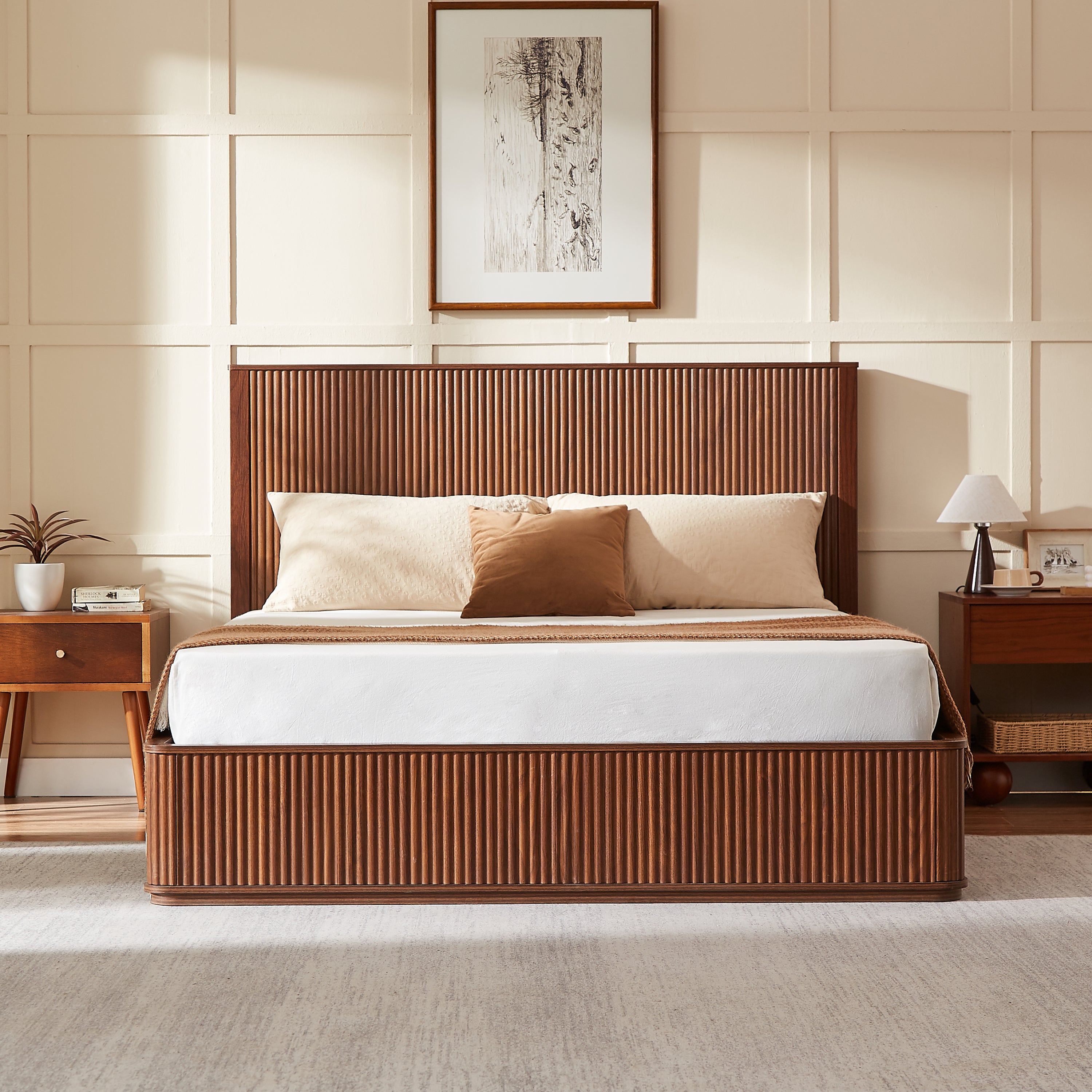 Walnut wave pattern wood grain headboard platform bed frame, 44 inch high headboard large bed frame, modern minimalist style, easy assembly, no need for box springs