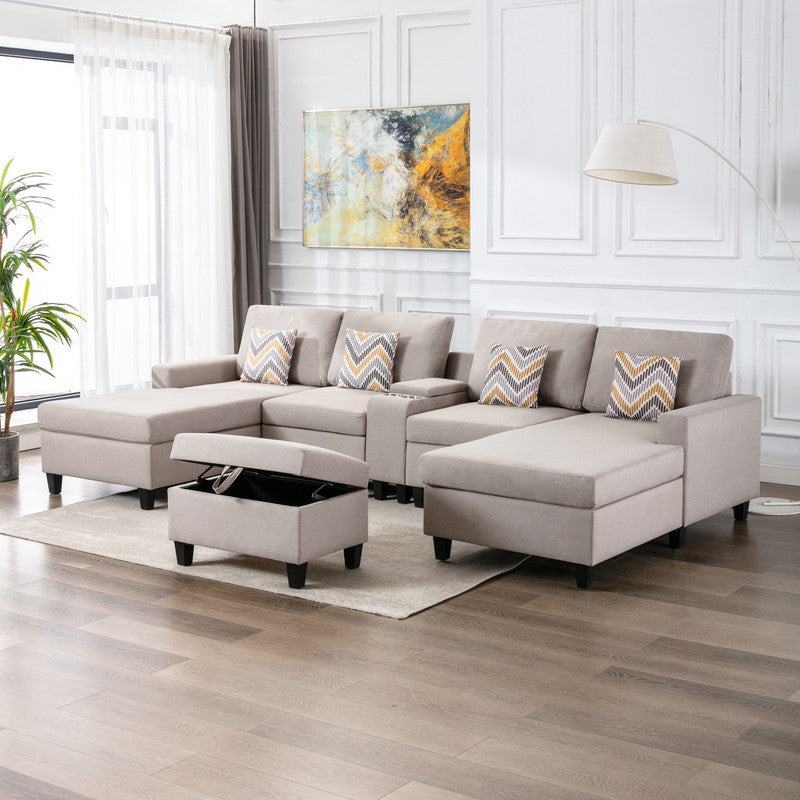 Nolan Beige Linen Fabric 6Pc Double Chaise Sectional Sofa with Interchangeable Legs, Storage Ottoman, Pillows, and a USB, Charging Ports, Cupholders, Storage Console Table