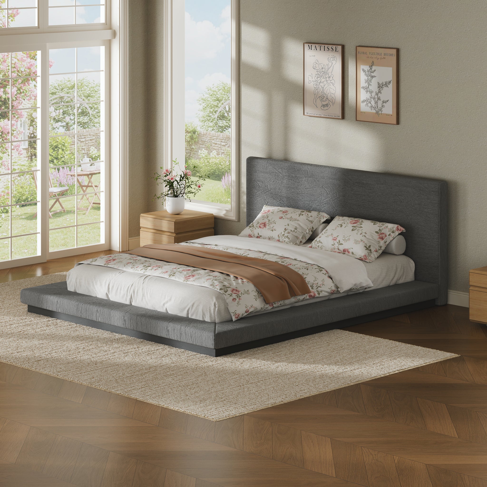 Queen Size Floating Modern Bed Frame with Padded Headboard, Low Profile Metal Slat Base, Anti-Collision Padded Surround, No Box Spring Required for Bedroom, Easy to Assemble,Gray