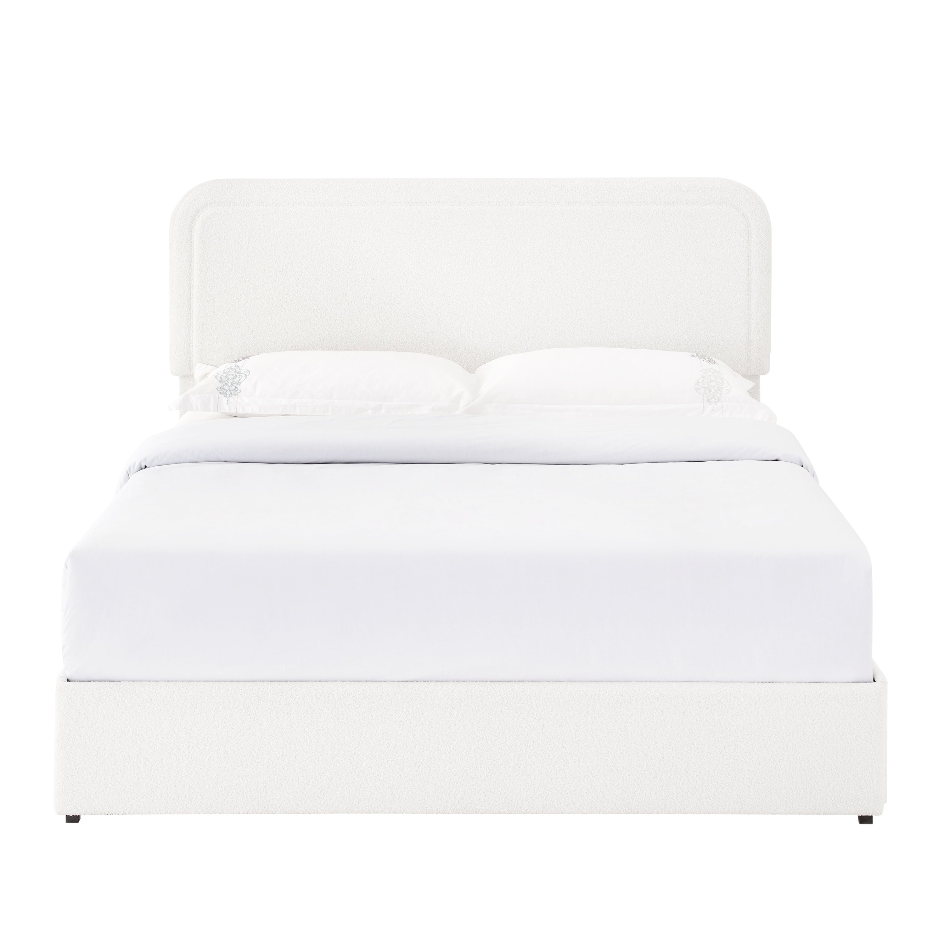 Liv Patented 2-Drawers Storage Bed Queen Size Ivory Boucle Upholstered Platform Bed with Curved Stitched Tufted Headboard