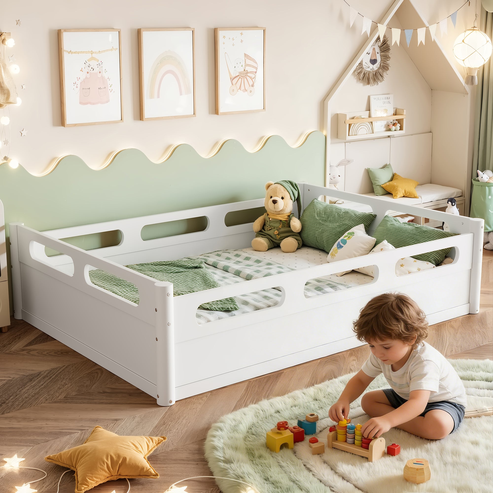 Full Size Floor Platform Bed with Full-length Guardrails, Low Profile Full Bed Frame, No Box Spring Needed, White