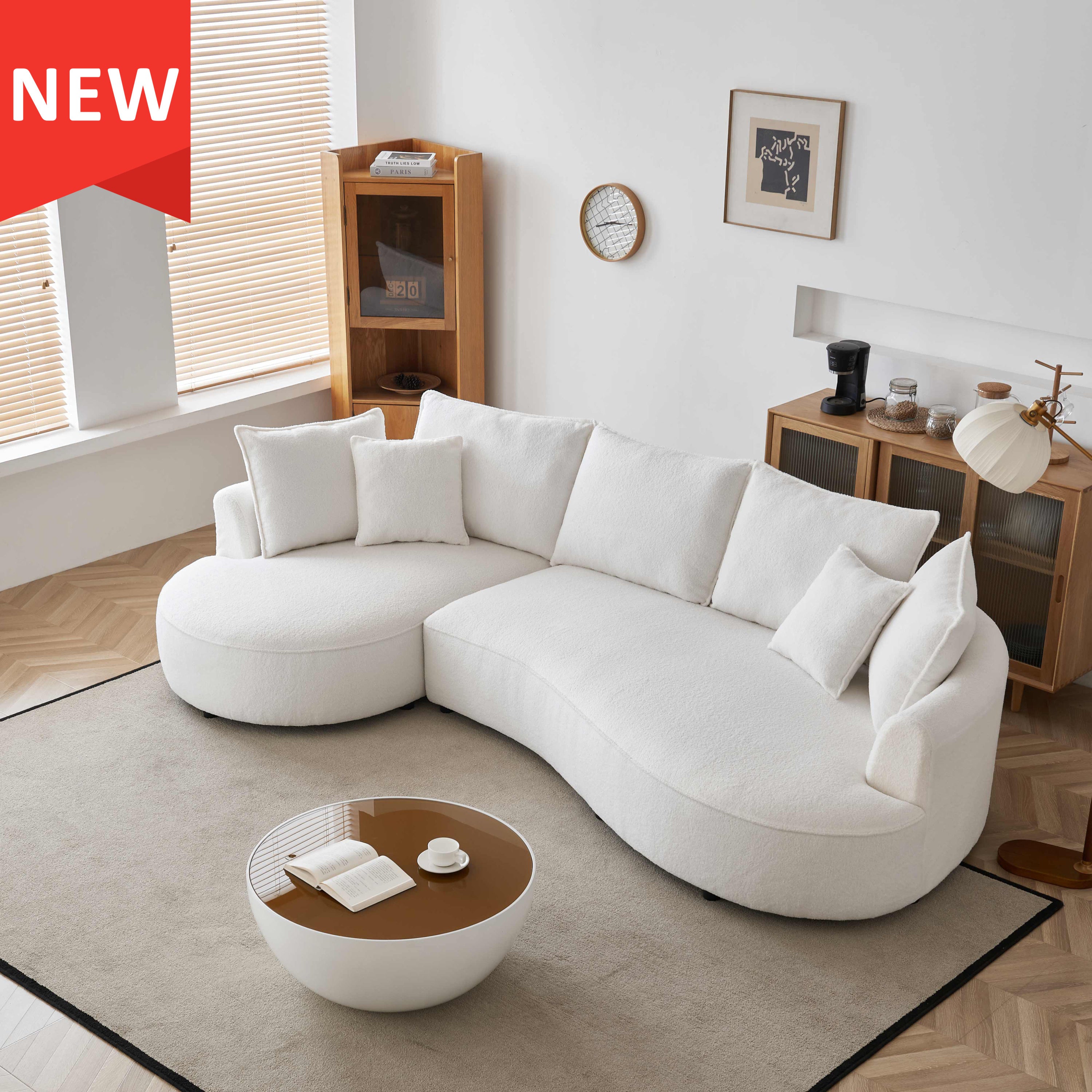 [ Video Provided] [New Arrival 122.8' Curved Sofa Modern Curved Couch Living Room Modular Sectional Sofa, Mid Century Upholstered Couch Sherpa Boucle Fabric Sofa for Bedroom Apartment Left Hand Facing