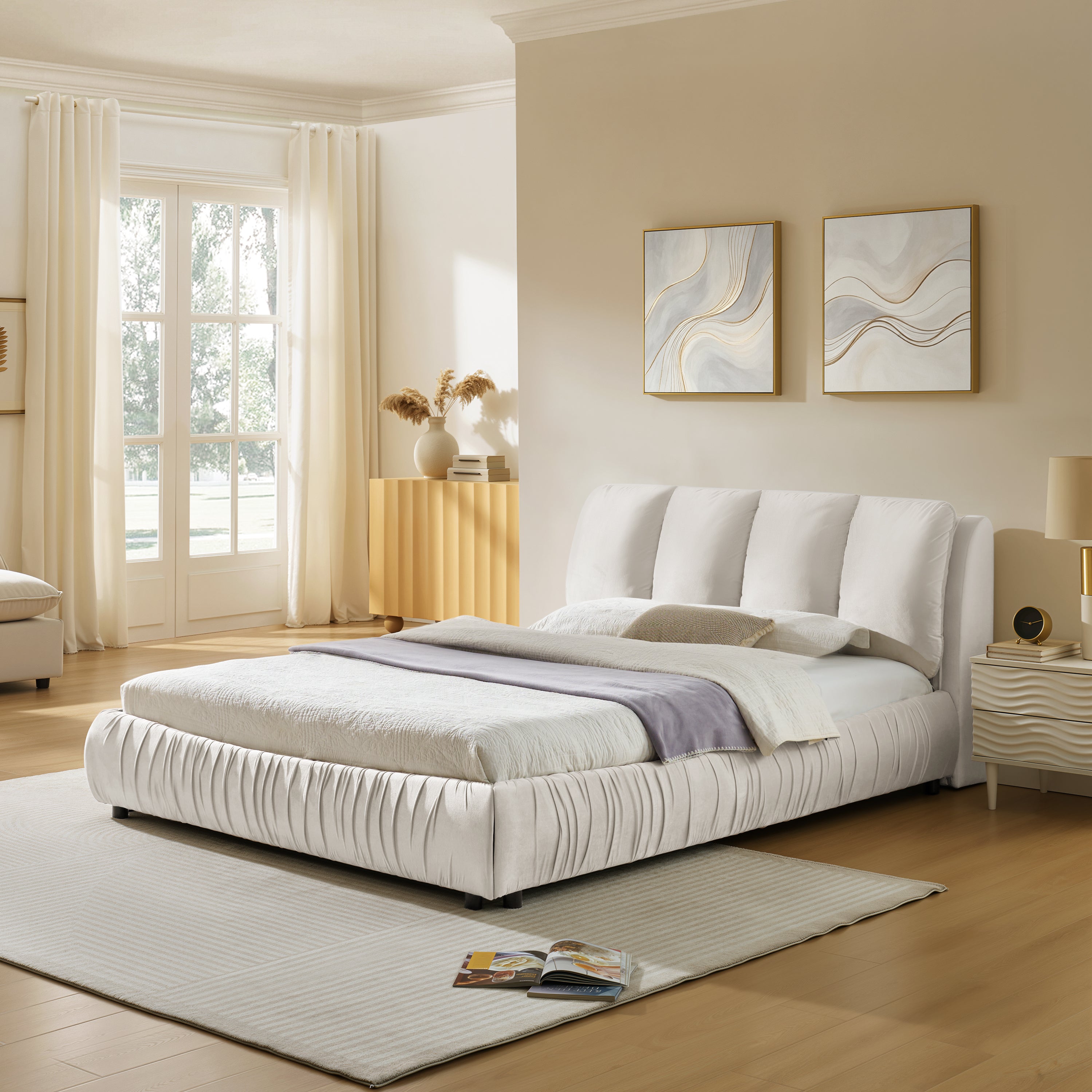 Queen Size Upholstered Bed Frame, Modern Minimalist Style with Segmented Plump Compressed Sponge Headboard, Shiny velvet & Sturdy Leg Support, Mattress Not Included-Beige