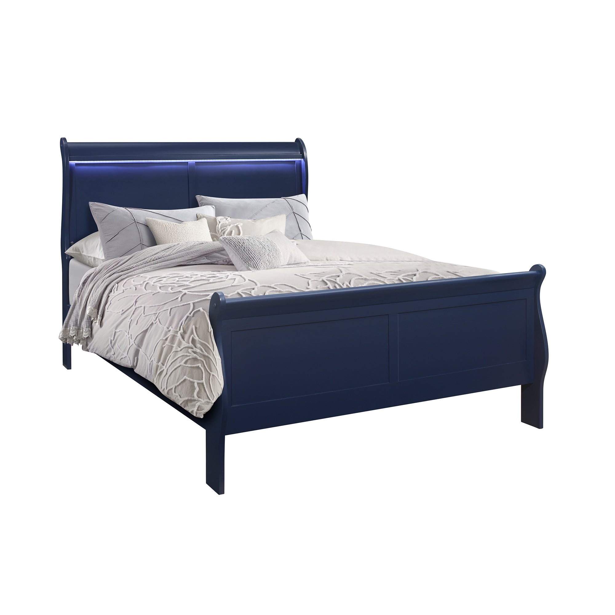 Charlston Sleigh Bed Full Size with LED Headboard Blue Solid Wood MDF